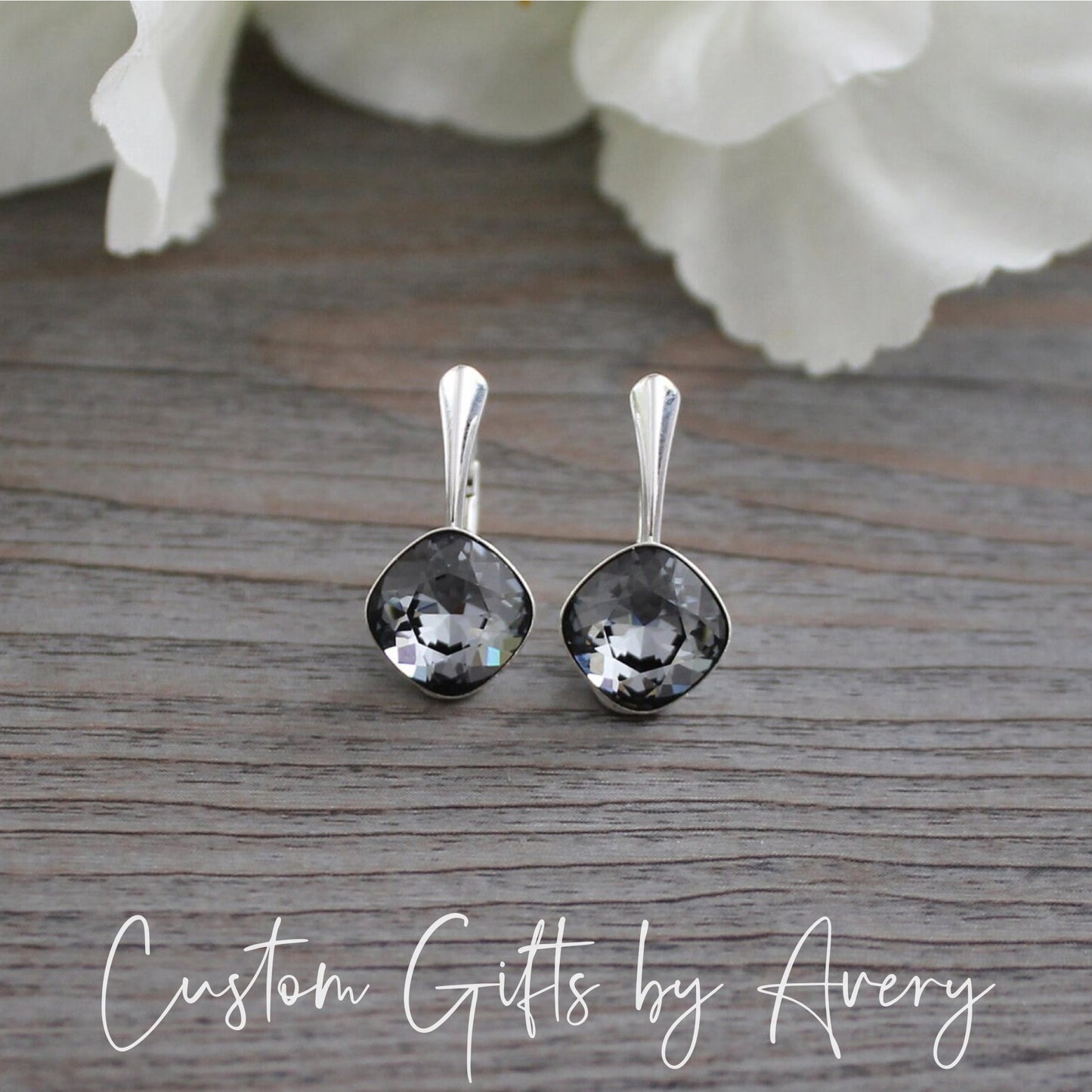 Sterling Silver Square Cut Austrian Crystal Earrings ~ Silver Night
