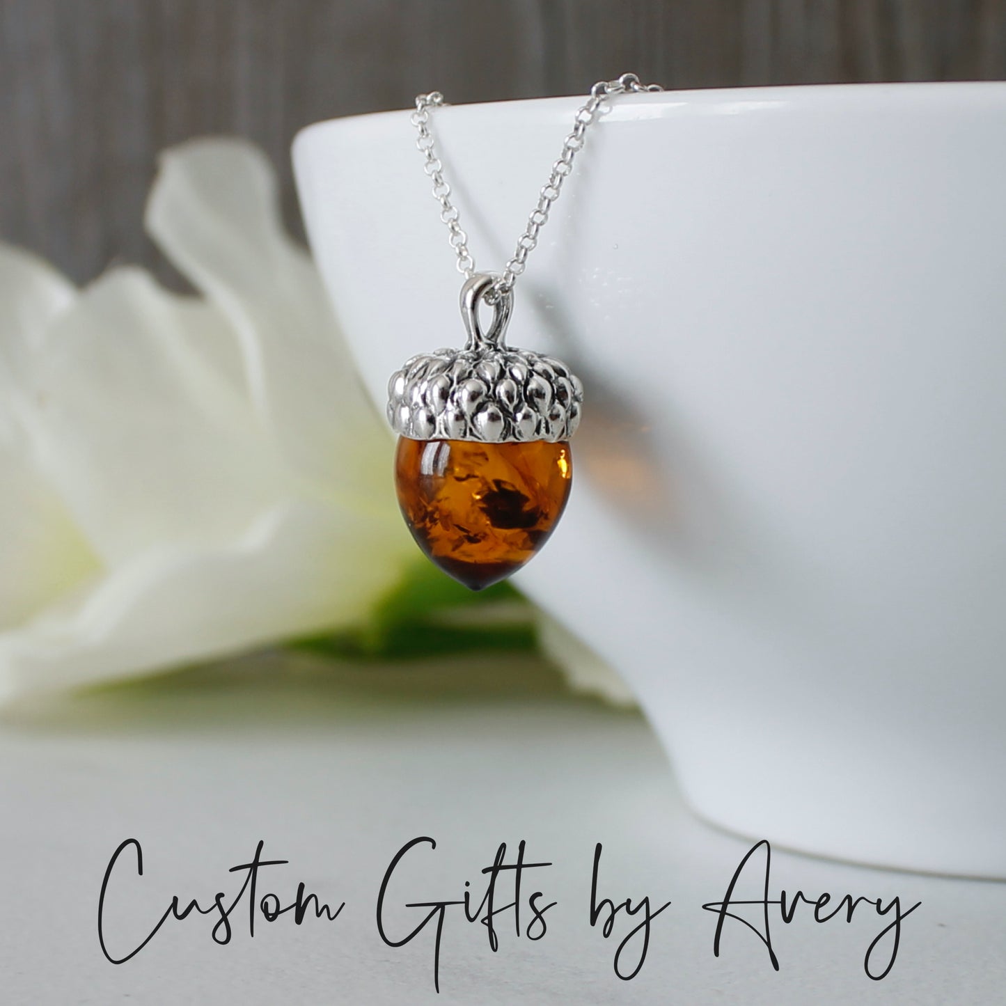 Sterling Silver & Baltic Amber Acorn Necklace