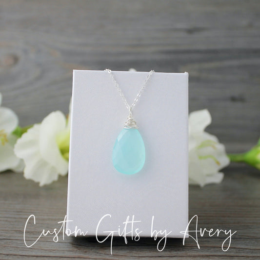 Sterling Silver Wire-Wrapped Aqua Chalcedony Teardrop Necklace
