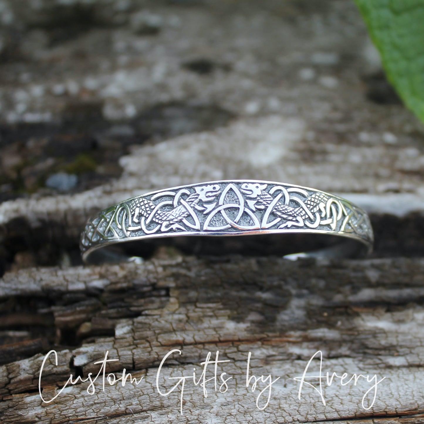 Adjustable Sterling Silver Celtic Triquetra & Dragon Cuff Bracelet