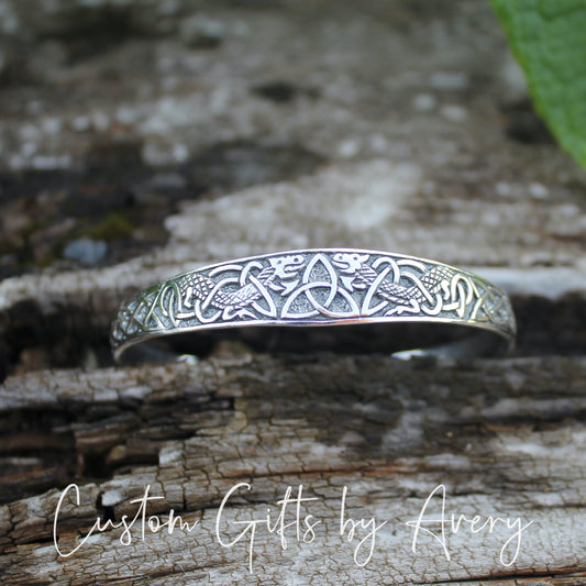 Adjustable Sterling Silver Celtic Triquetra & Dragon Cuff Bracelet