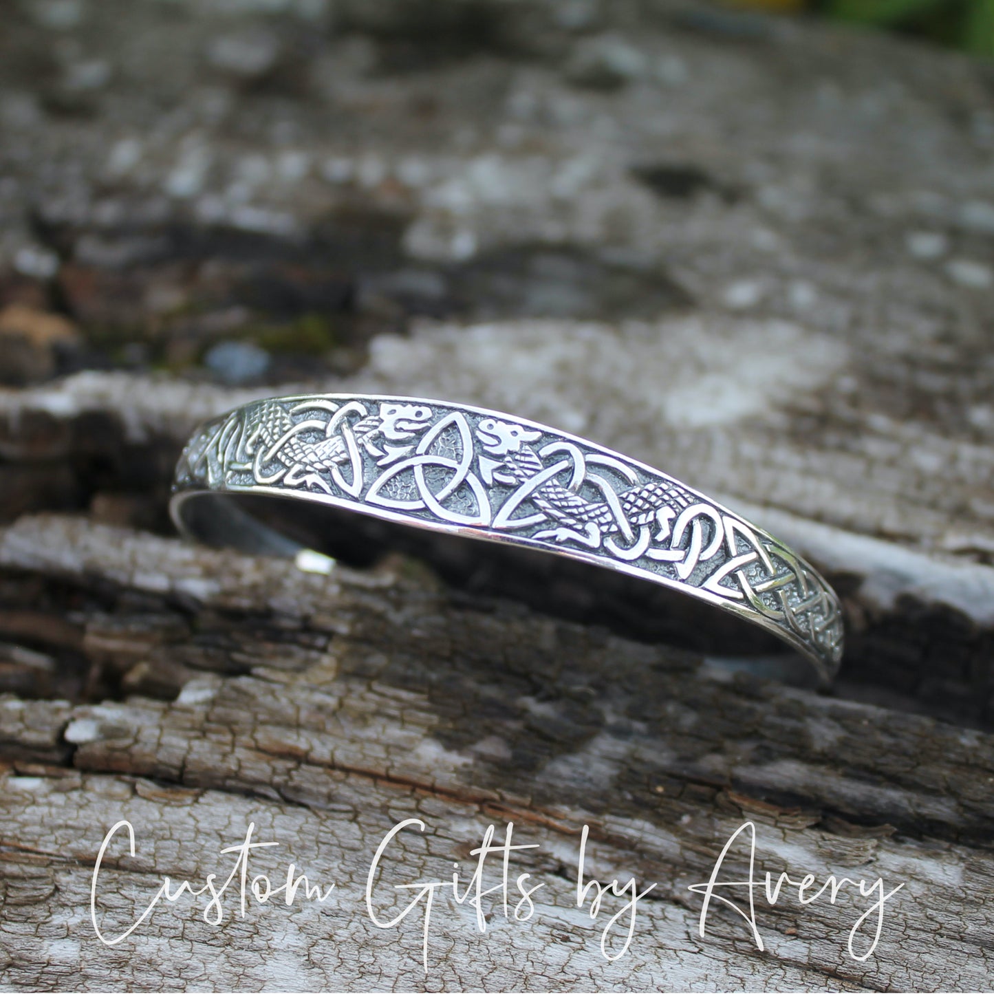 Adjustable Sterling Silver Celtic Triquetra & Dragon Cuff Bracelet