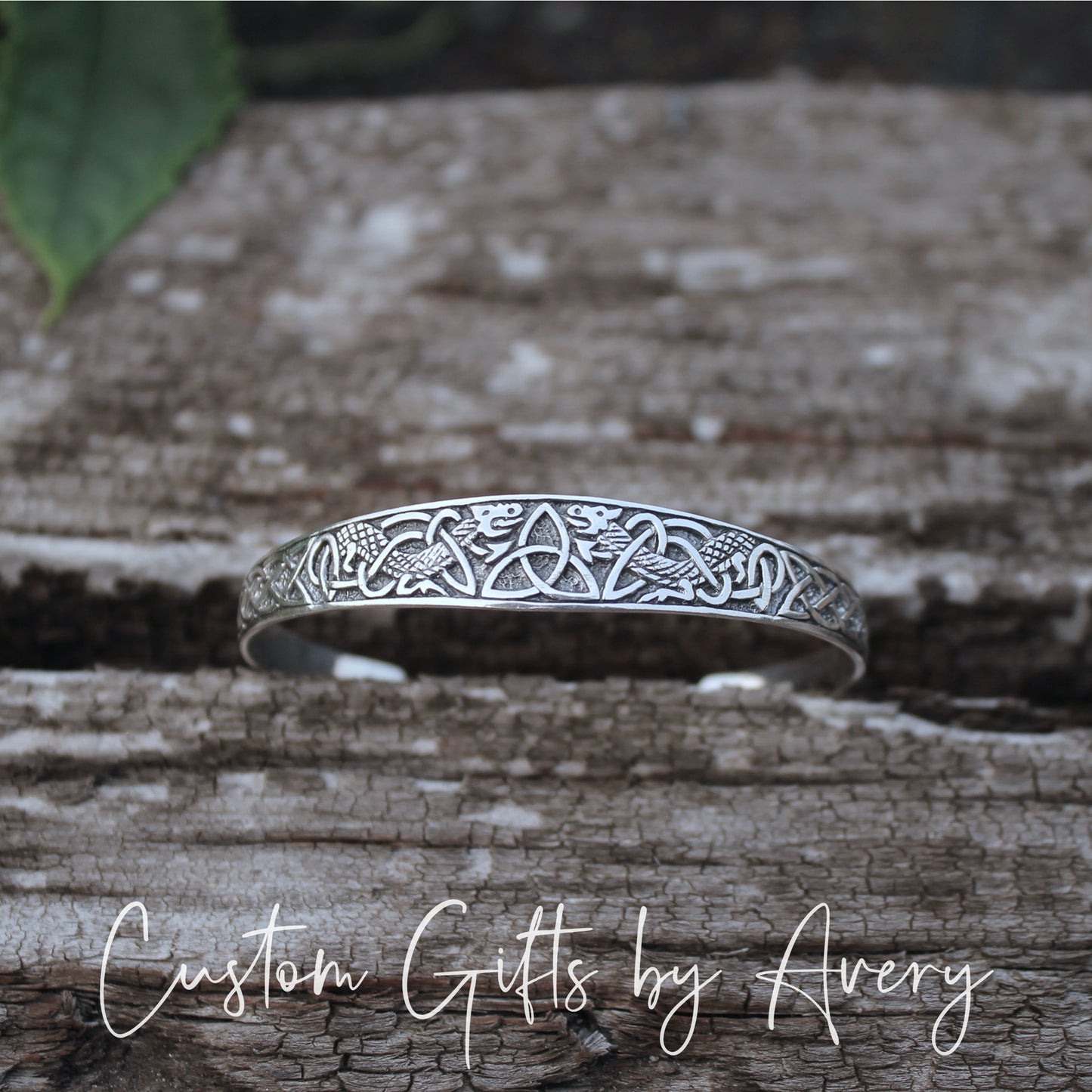 Adjustable Sterling Silver Celtic Triquetra & Dragon Cuff Bracelet