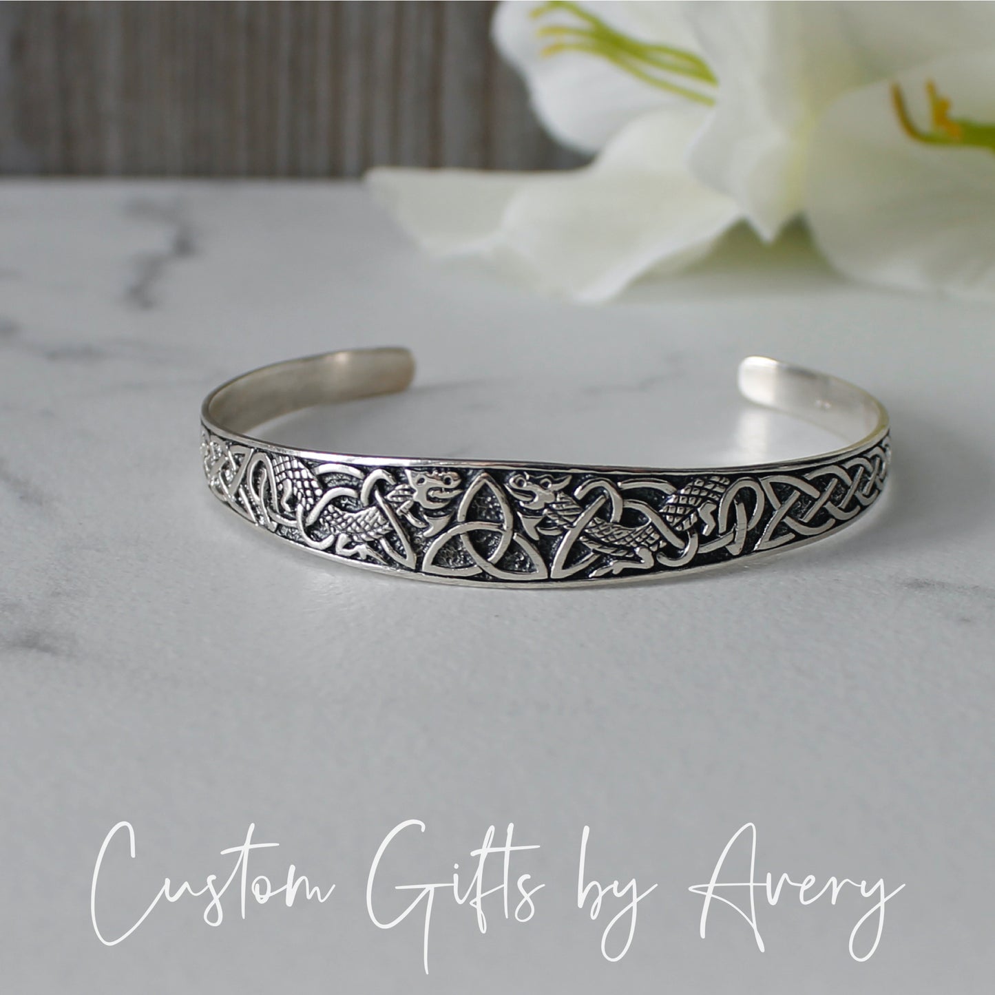 Adjustable Sterling Silver Celtic Triquetra & Dragon Cuff Bracelet