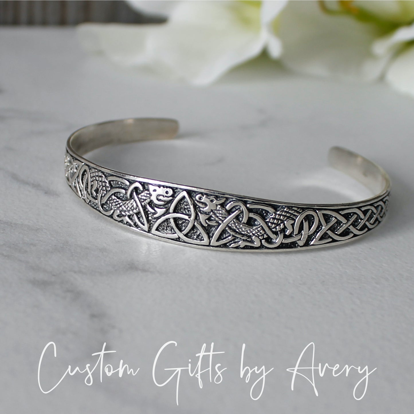 Adjustable Sterling Silver Celtic Triquetra & Dragon Cuff Bracelet