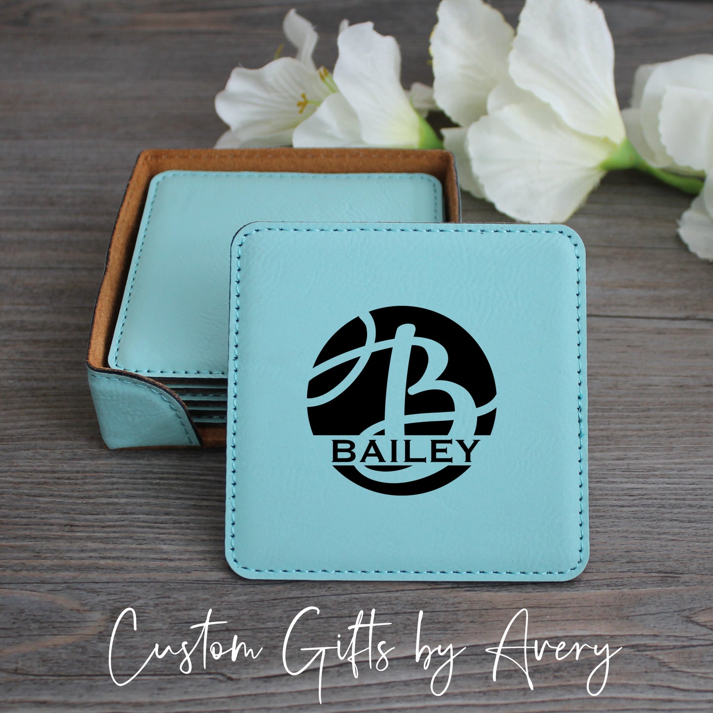 Personalized Leatherette Coasters ~ Set of 6 with Holder