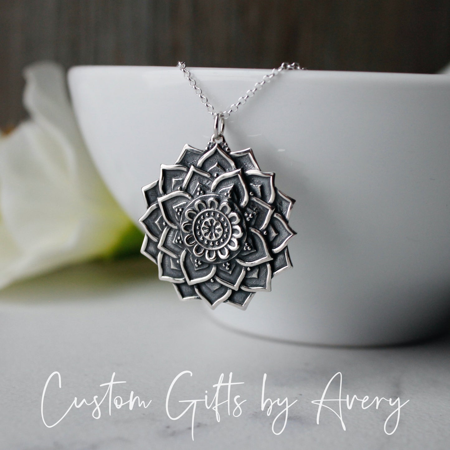 Large Sterling Silver Lotus Flower Mandala Necklace