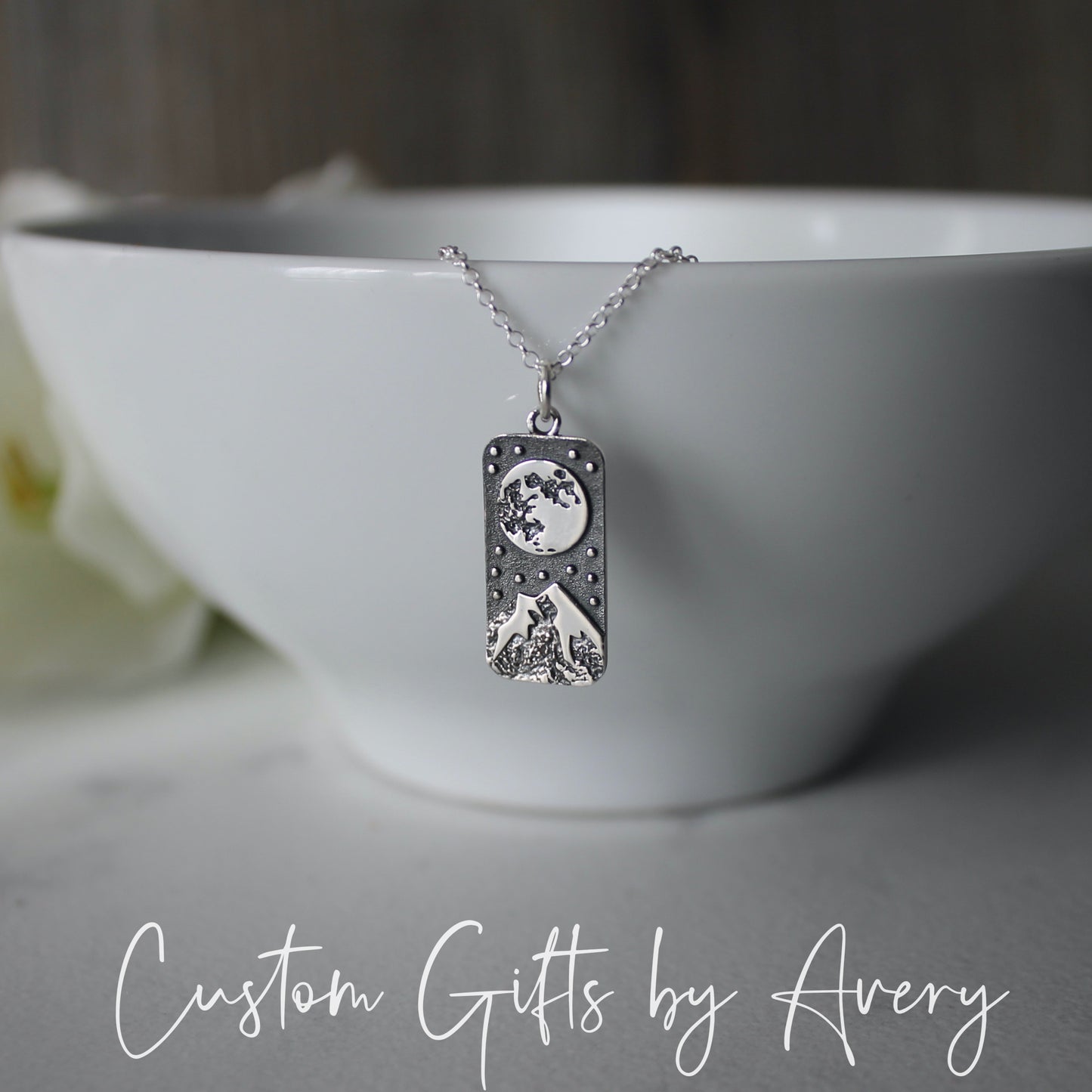 Sterling Silver Full Moon & Snow Capped Mountain Necklace