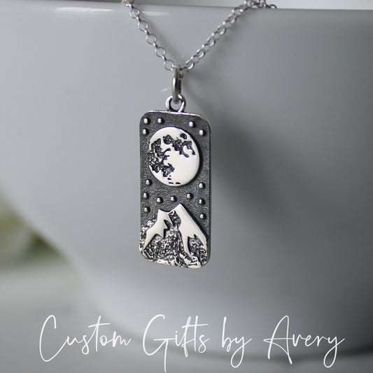 Sterling Silver Full Moon & Snow Capped Mountain Necklace