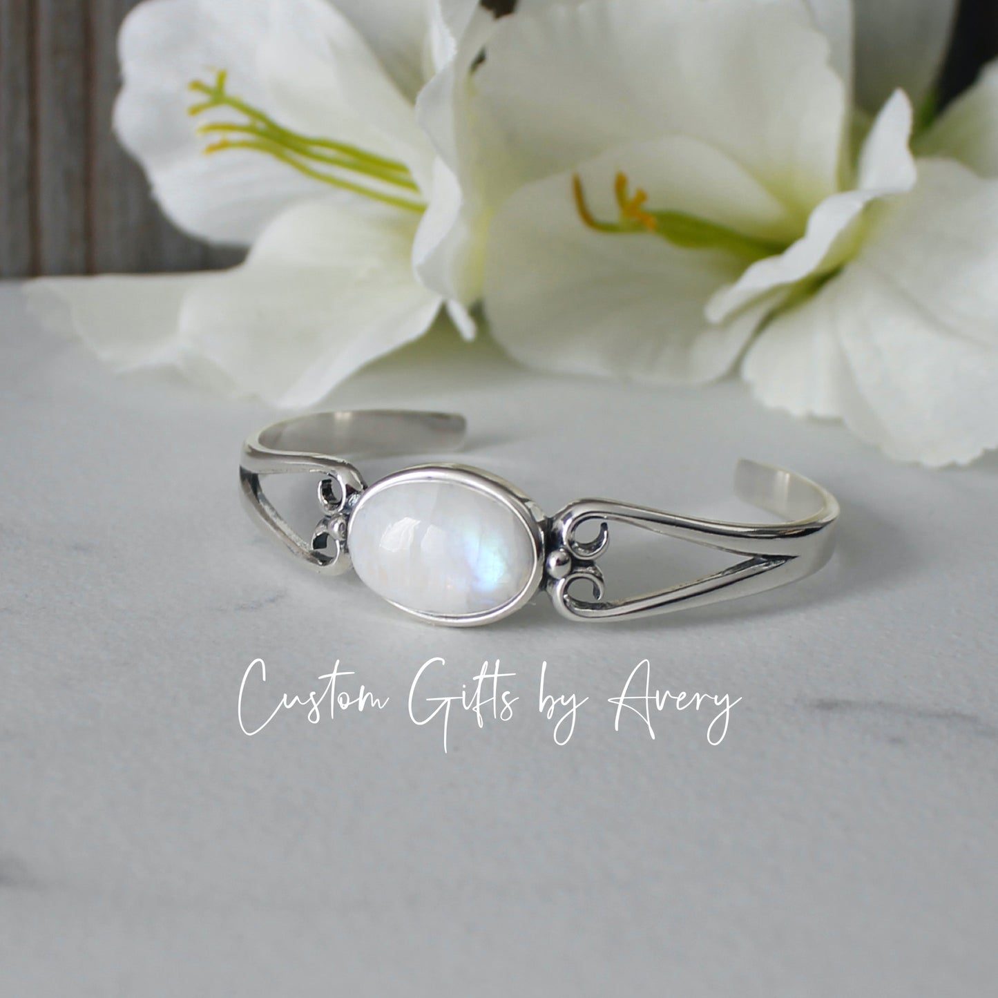 Sterling Silver & Rainbow Moonstone Adjustable Cuff Bracelet