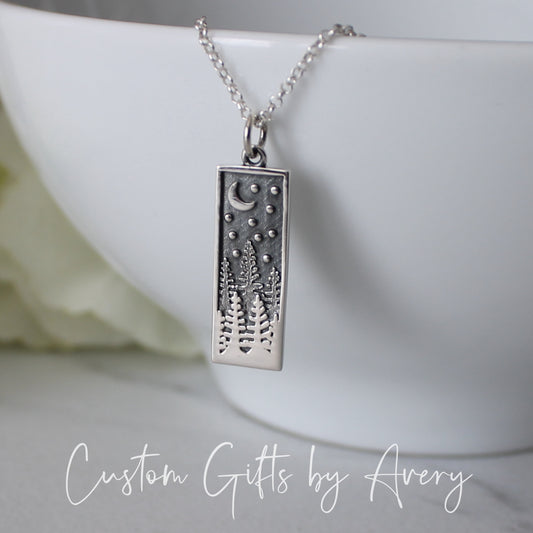 Sterling Silver Pine Tree Forest at Night Necklace
