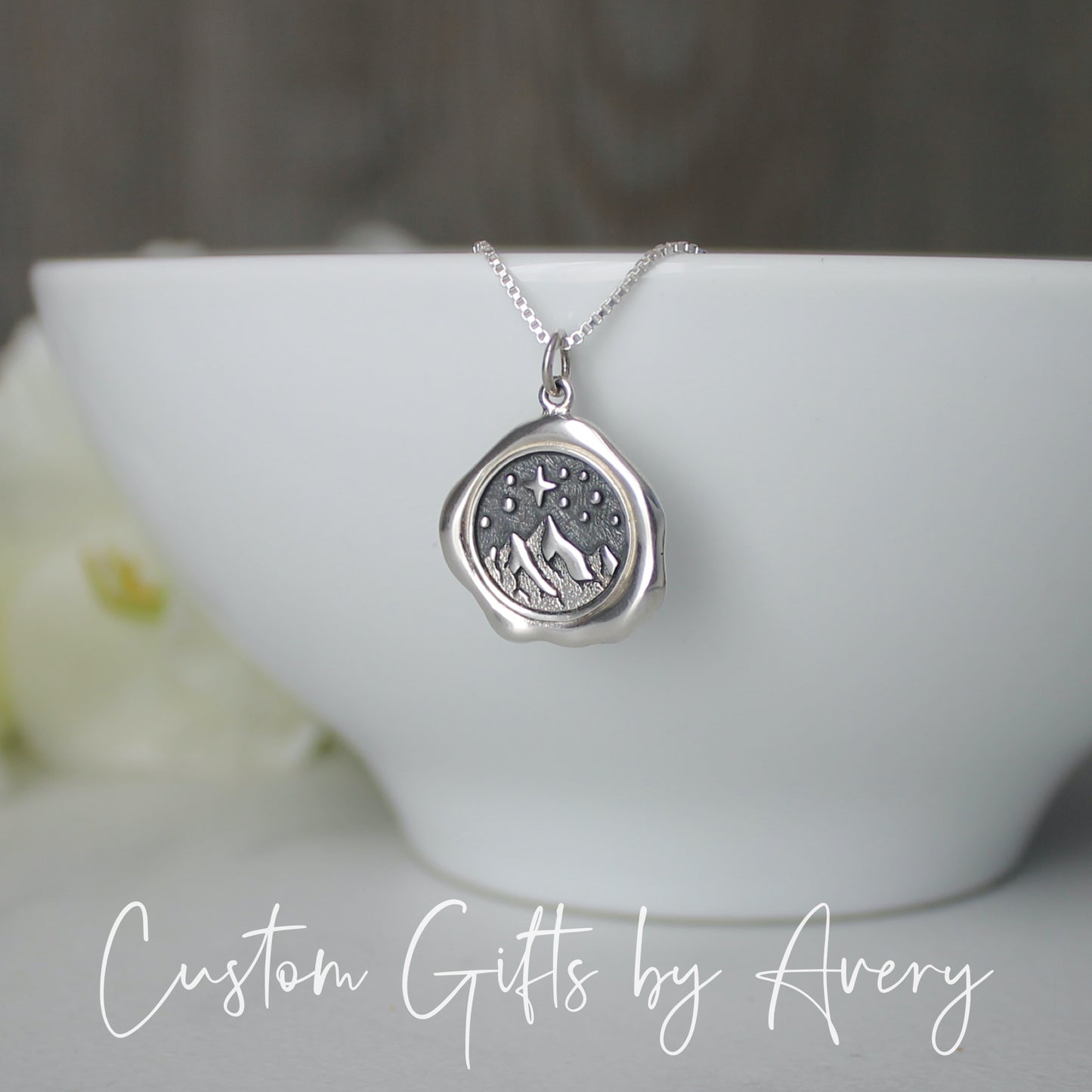 Sterling Silver Mountain and Star Wax Seal Necklace