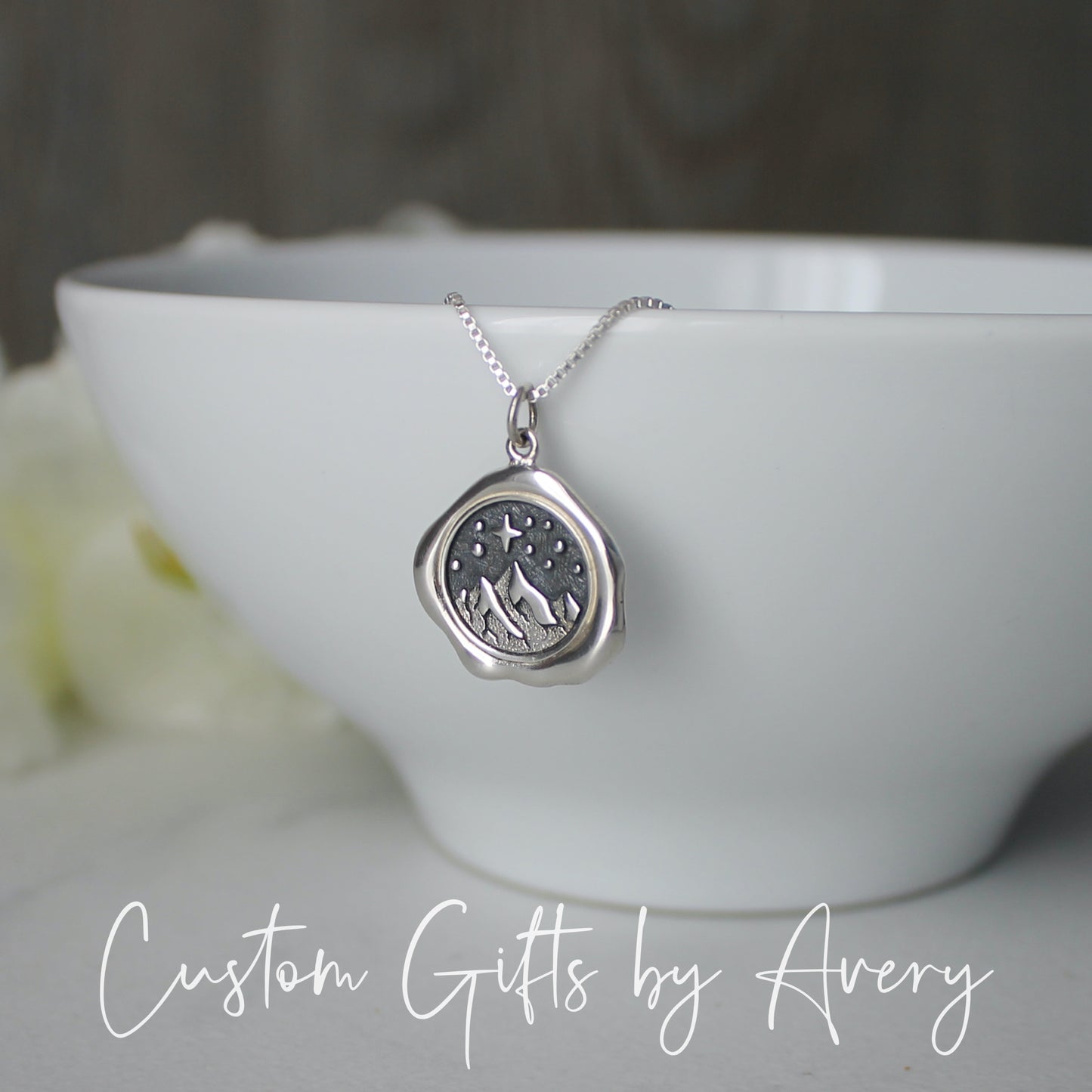 Sterling Silver Mountain and Star Wax Seal Necklace