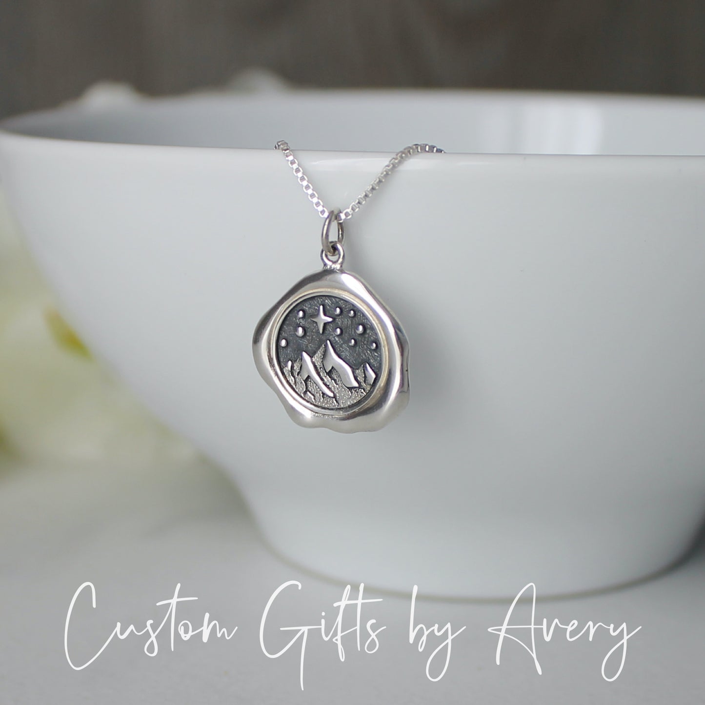 Sterling Silver Mountain and Star Wax Seal Necklace