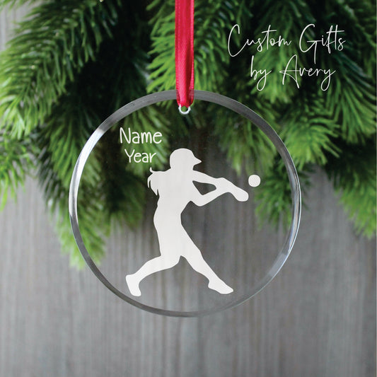 Personalized Glass Christmas Ornament ~ Female Baseball Player