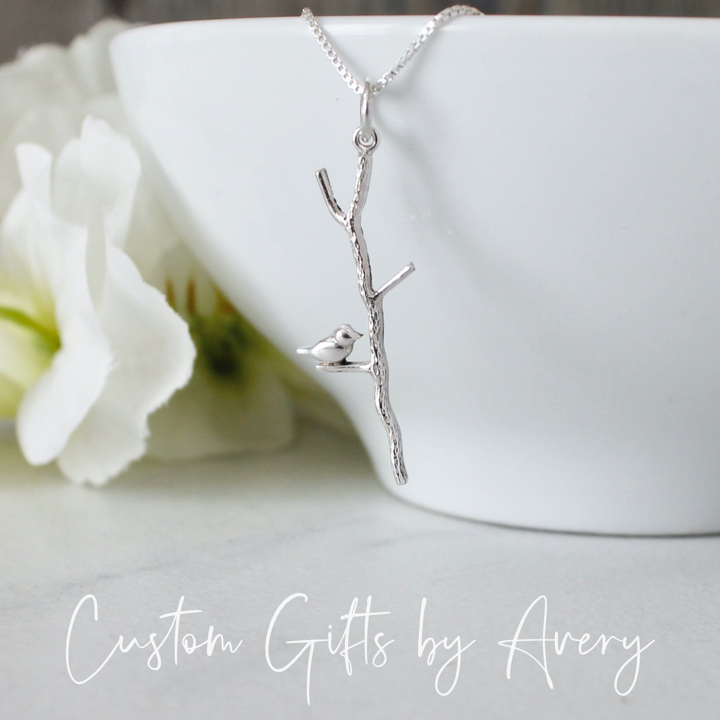 Sterling Silver Tree Branch with Bird Necklace