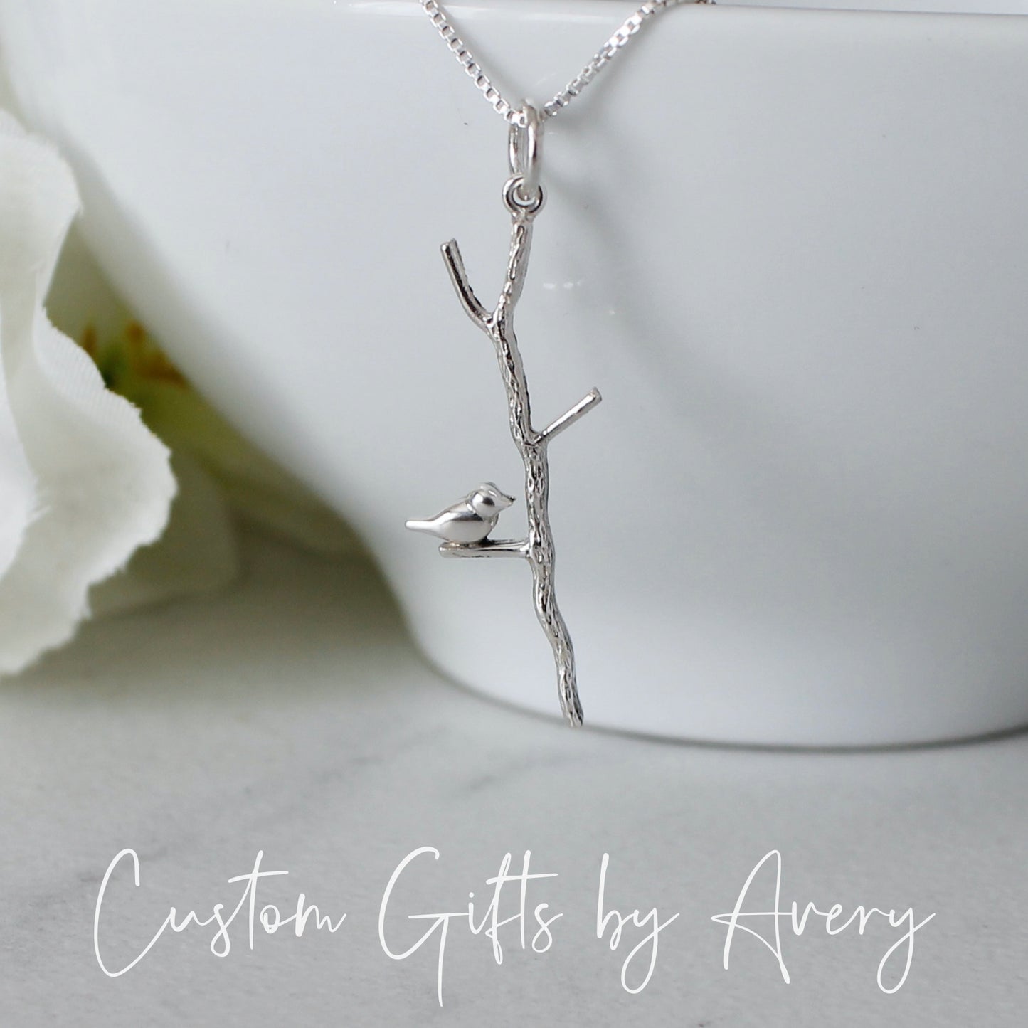 Sterling Silver Tree Branch with Bird Necklace