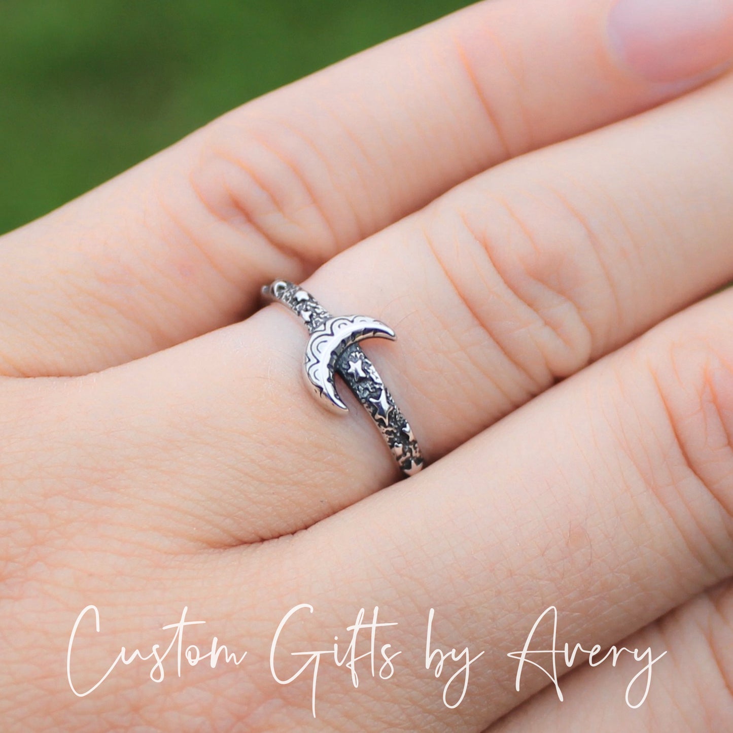 Sterling Silver Crescent Moon & Stars Ring