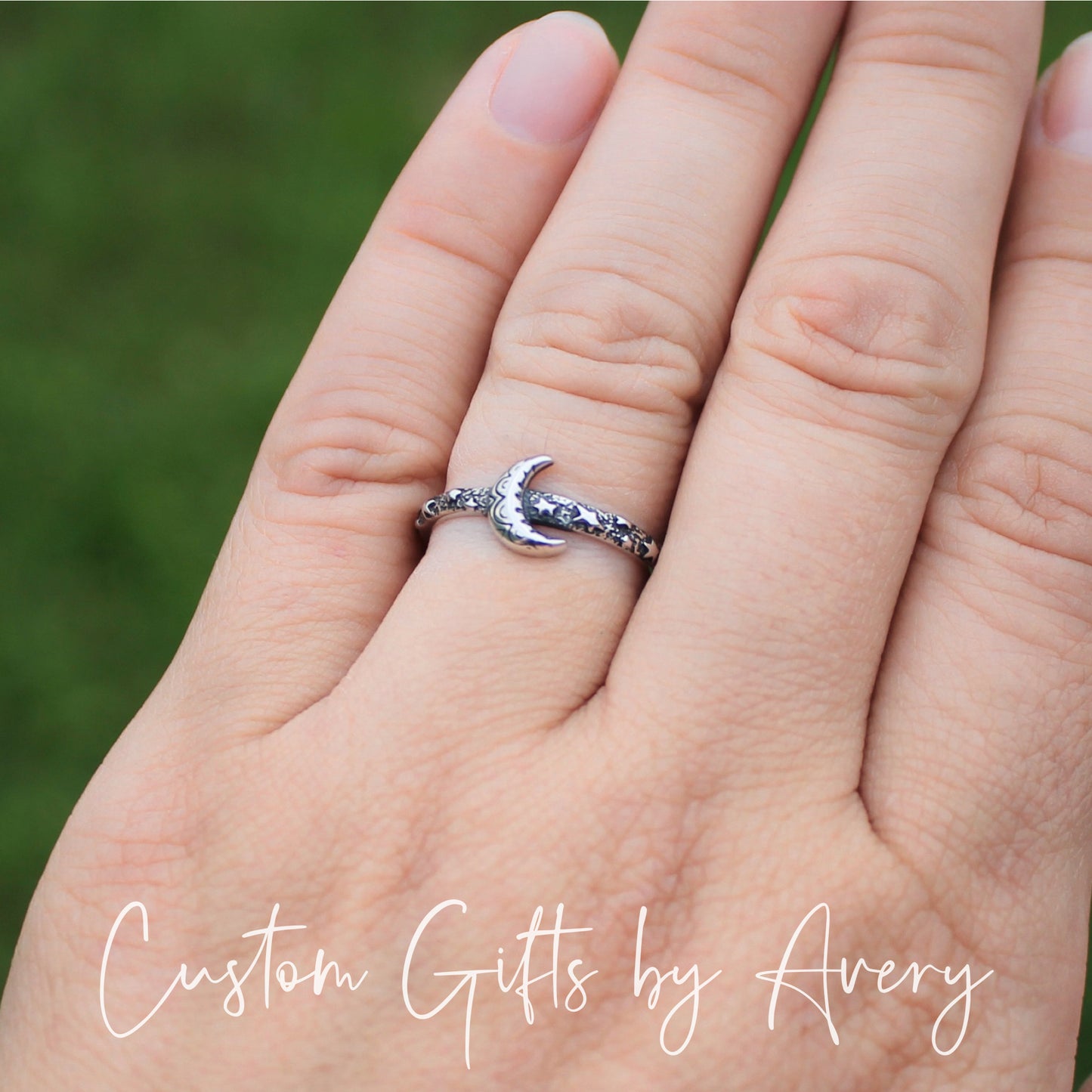 Sterling Silver Crescent Moon & Stars Ring