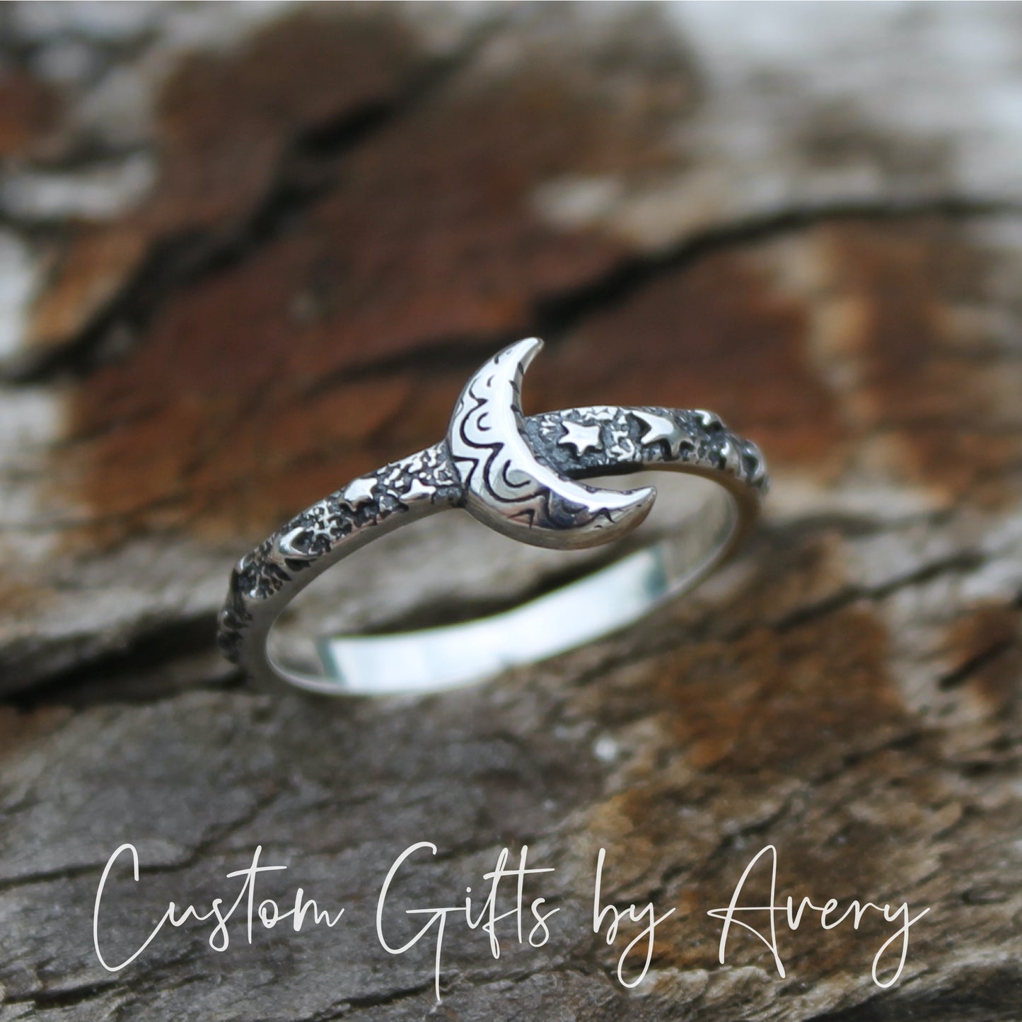 Sterling Silver Crescent Moon & Stars Ring