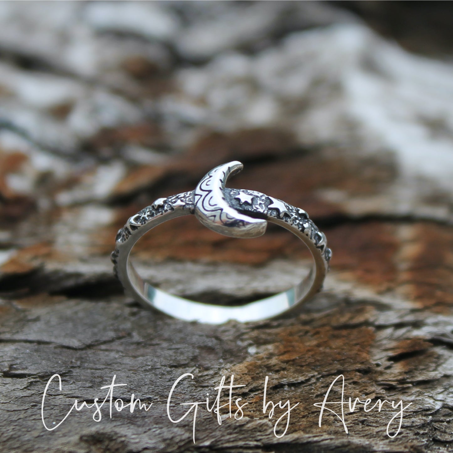 Sterling Silver Crescent Moon & Stars Ring