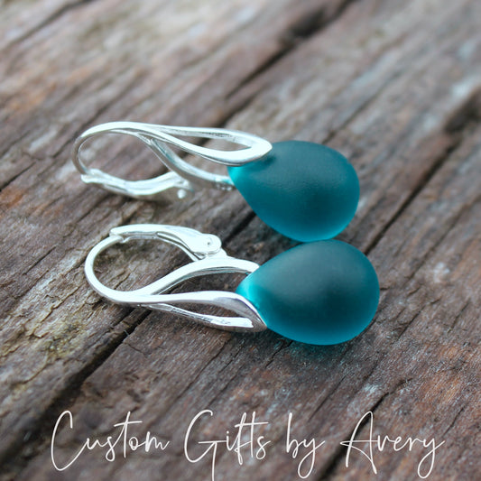 Dark Teal Cultured Sea Glass & Sterling Silver Teardrop Earrings