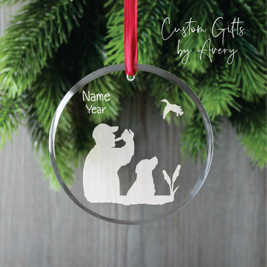 Personalized Glass Christmas Ornament ~ Duck Calling with Dog