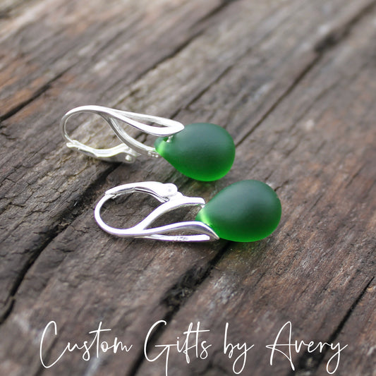 Leaf Green Cultured Sea Glass & Sterling Silver Earrings