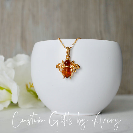 Amber Honey Bee Necklace - Gold