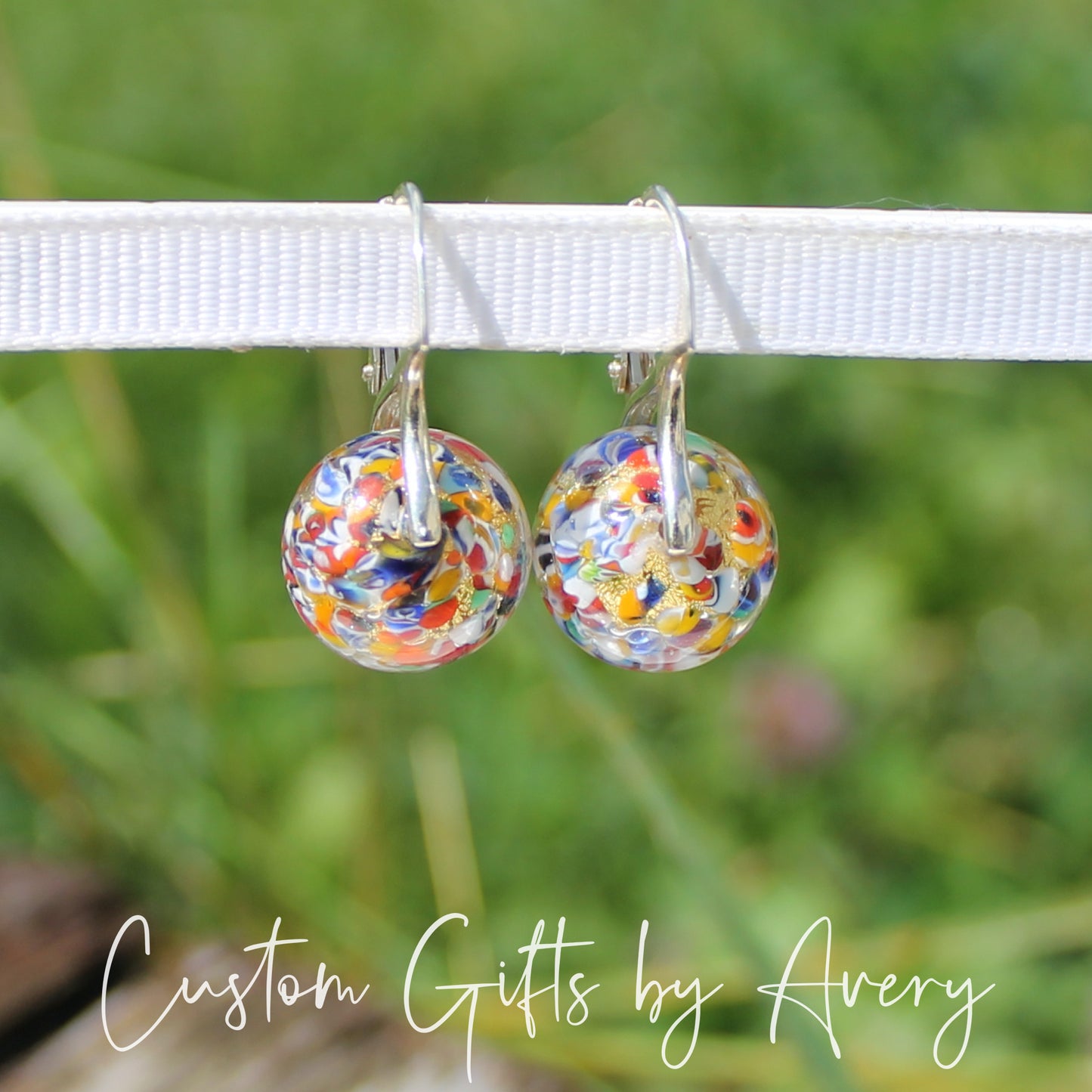 Sterling Silver & Gold Foil Venetian Murano Klimt Inspired Lampwork Glass Earrings