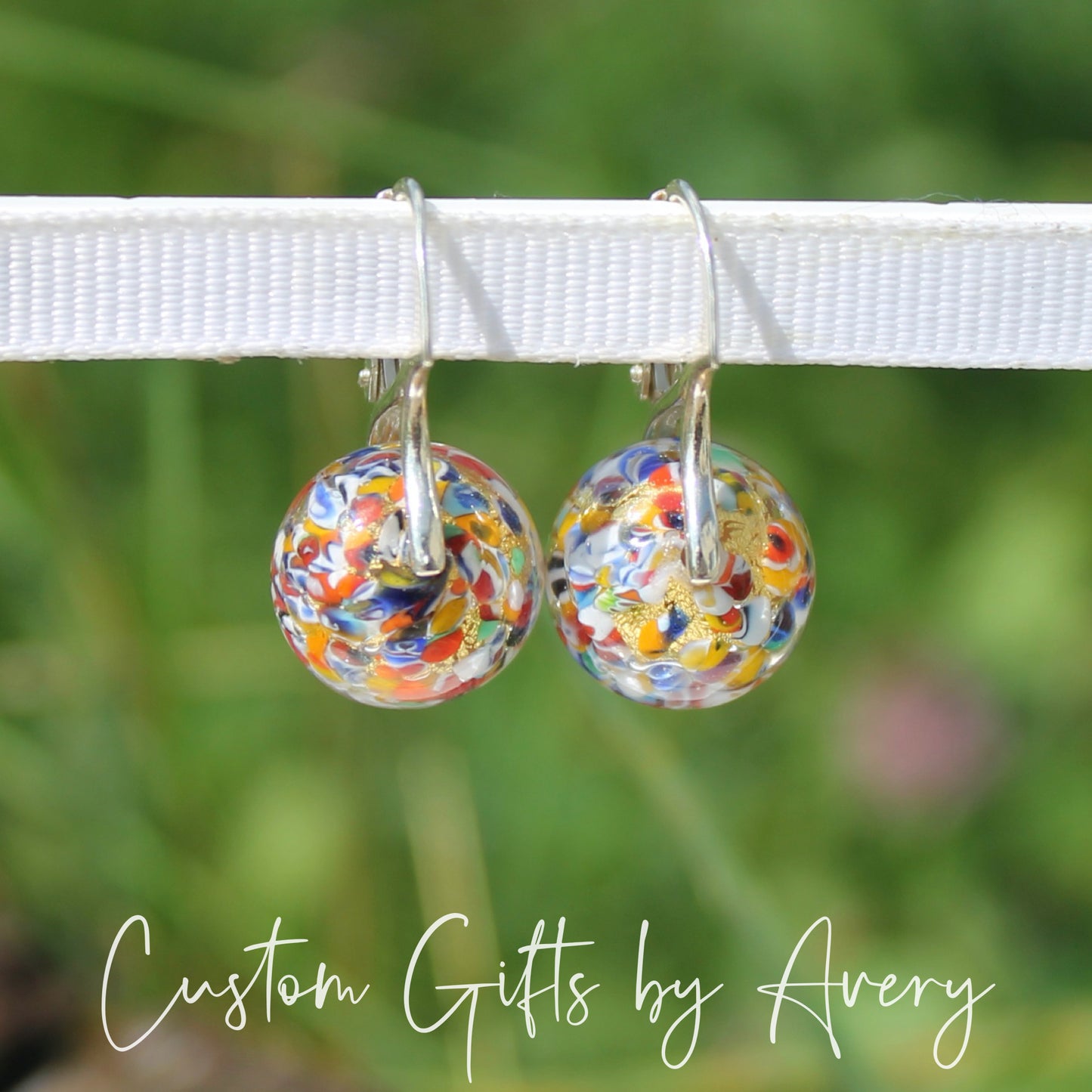 Sterling Silver & Gold Foil Venetian Murano Klimt Inspired Lampwork Glass Earrings