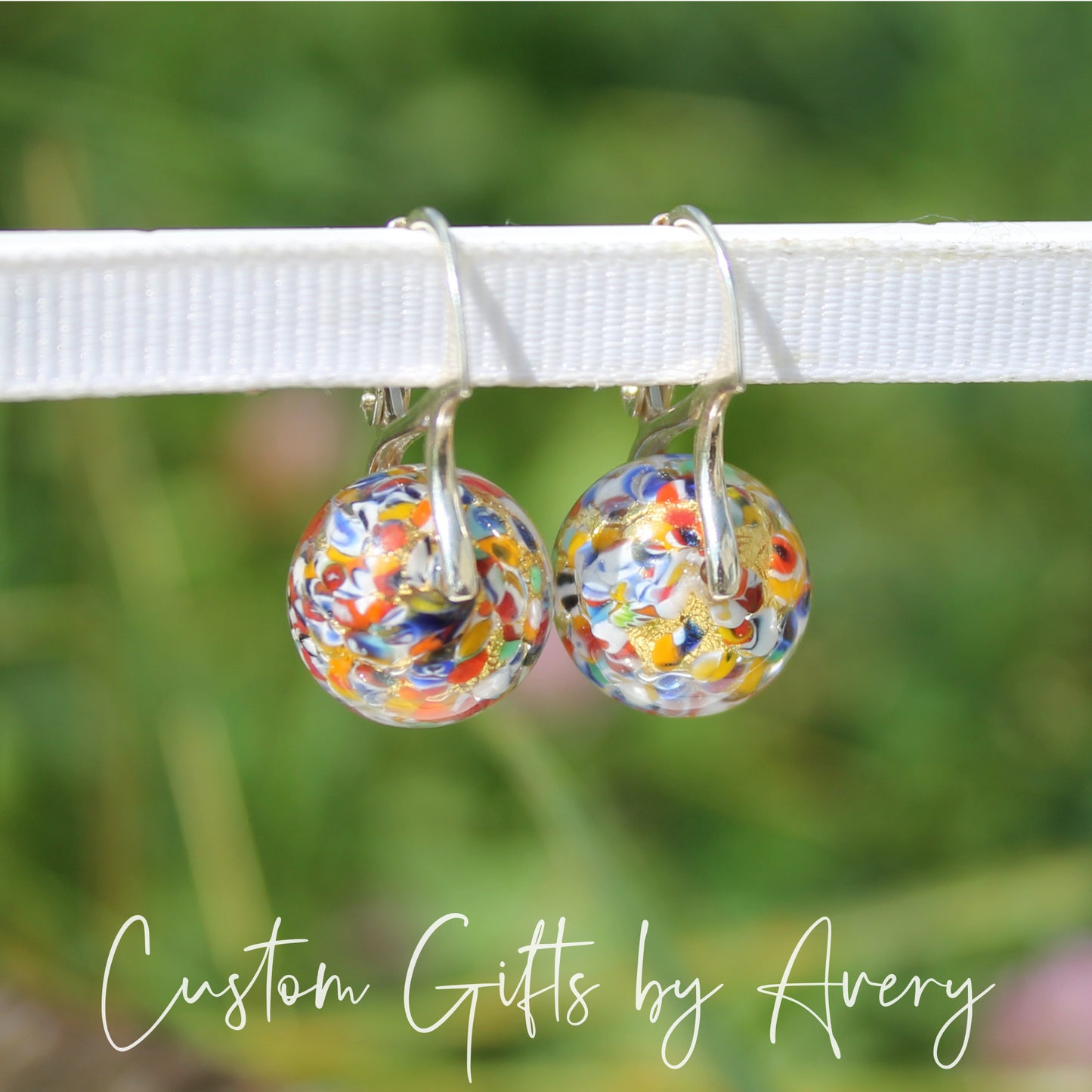 Sterling Silver & Gold Foil Venetian Murano Klimt Inspired Lampwork Glass Earrings