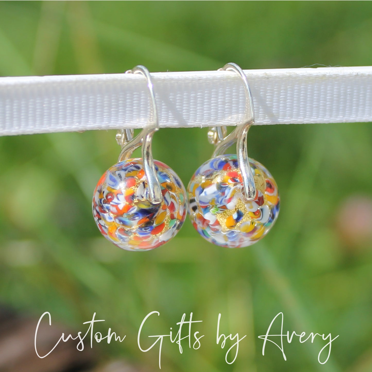 Sterling Silver & Gold Foil Venetian Murano Klimt Inspired Lampwork Glass Earrings