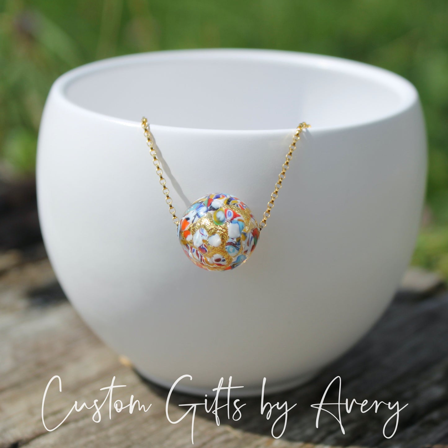 Gold Venetian Murano Klimt Inspired Lampwork Necklace