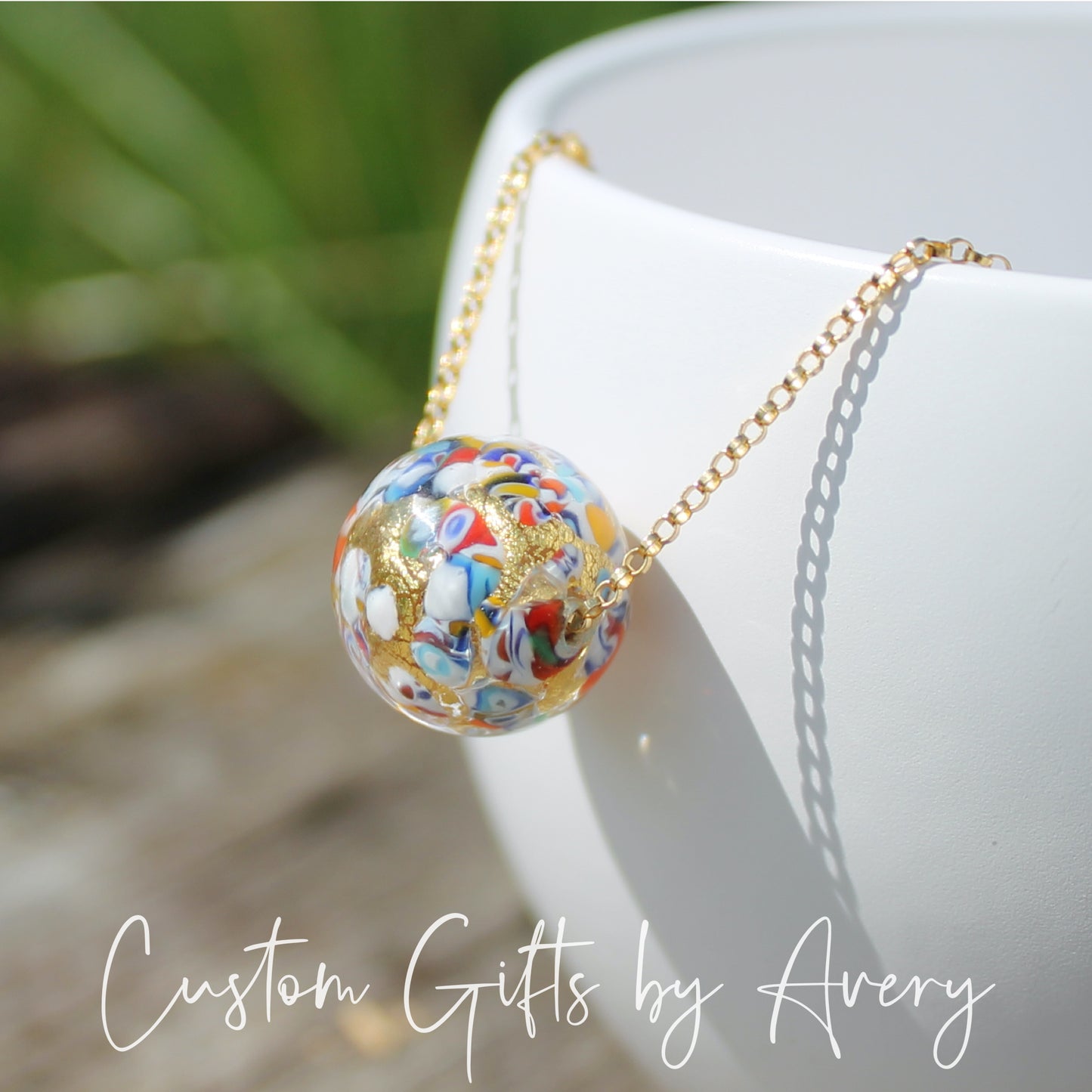 Gold Venetian Murano Klimt Inspired Lampwork Necklace