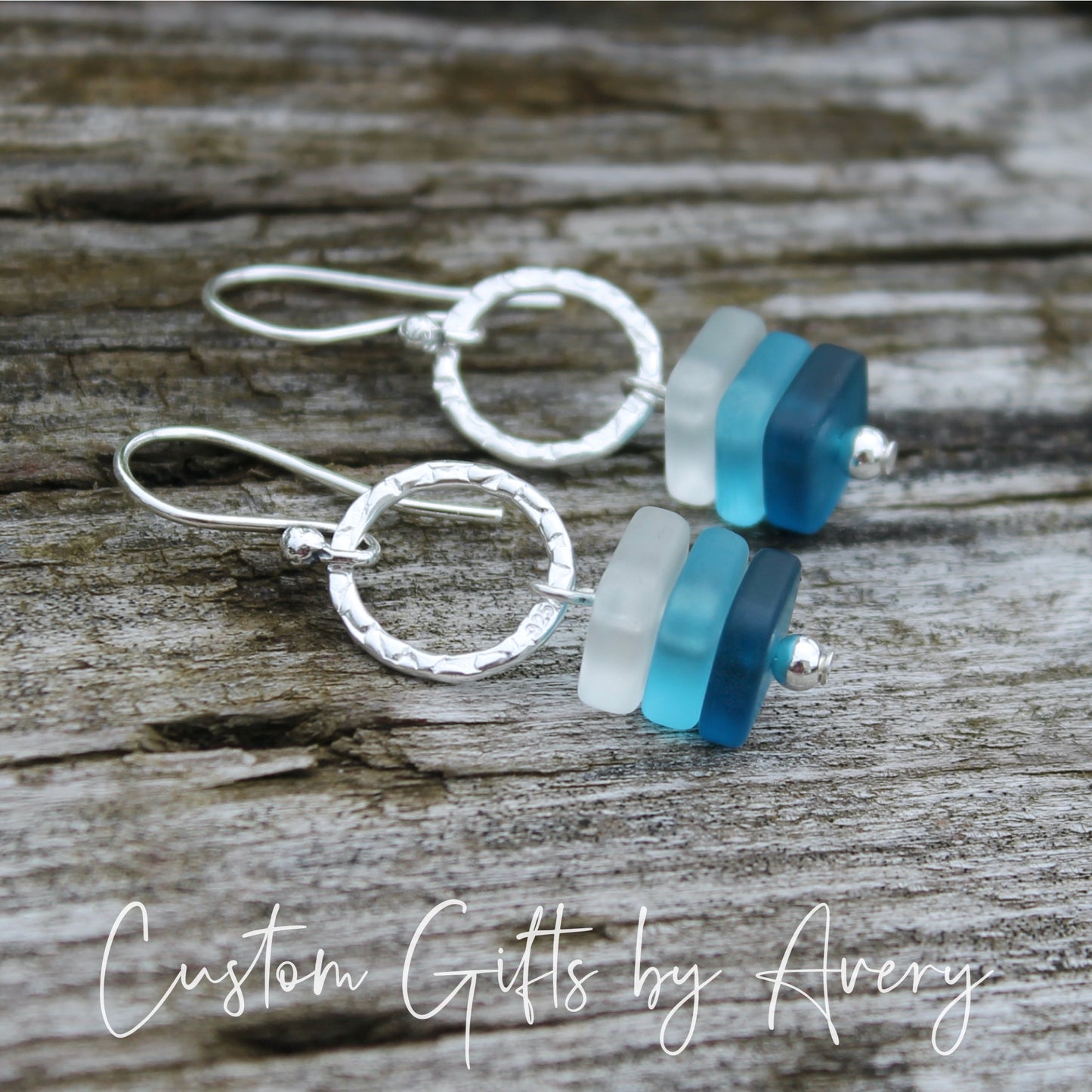 Hammered Sterling Silver & Square Sea Glass Earrings