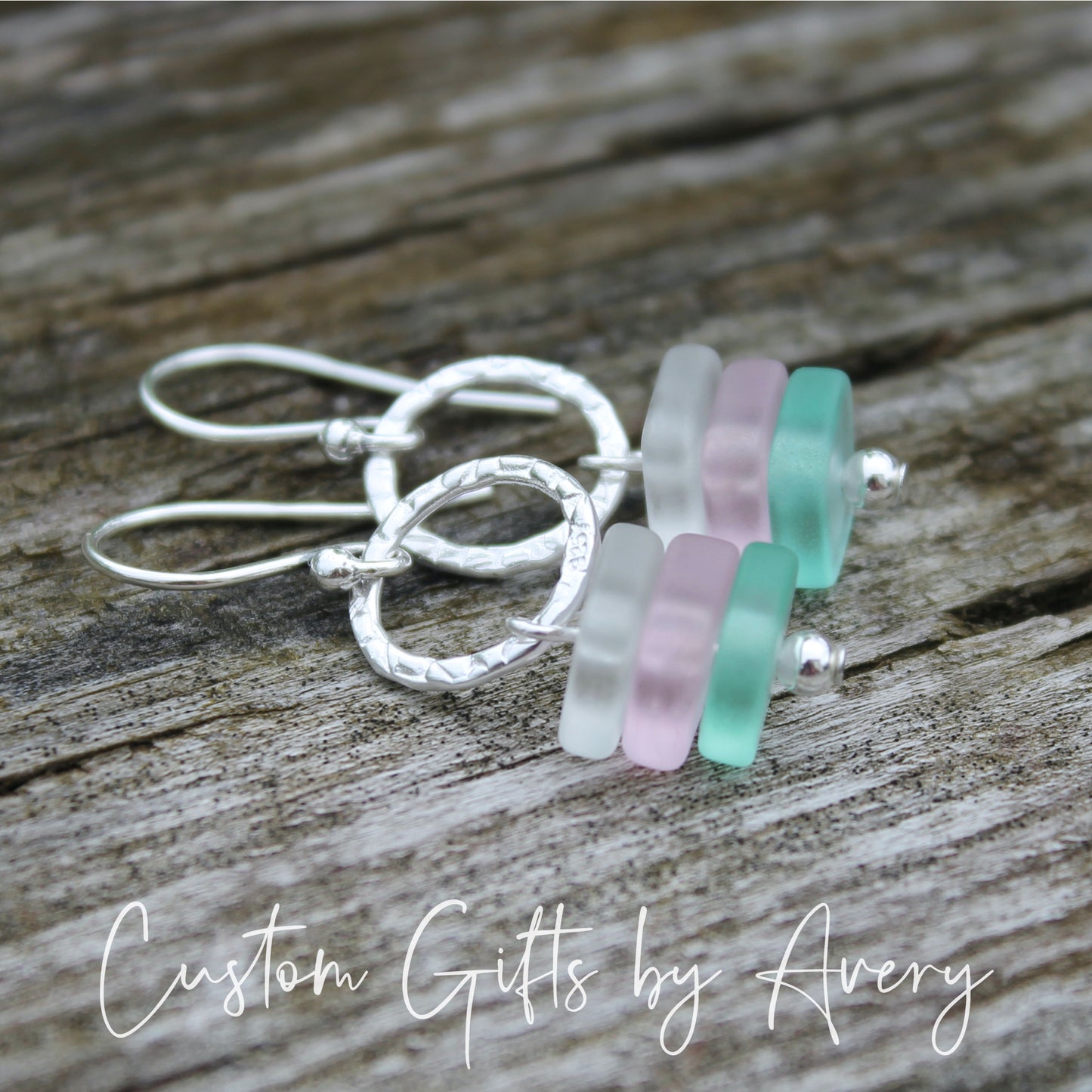 Hammered Sterling Silver & Square Sea Glass Earrings