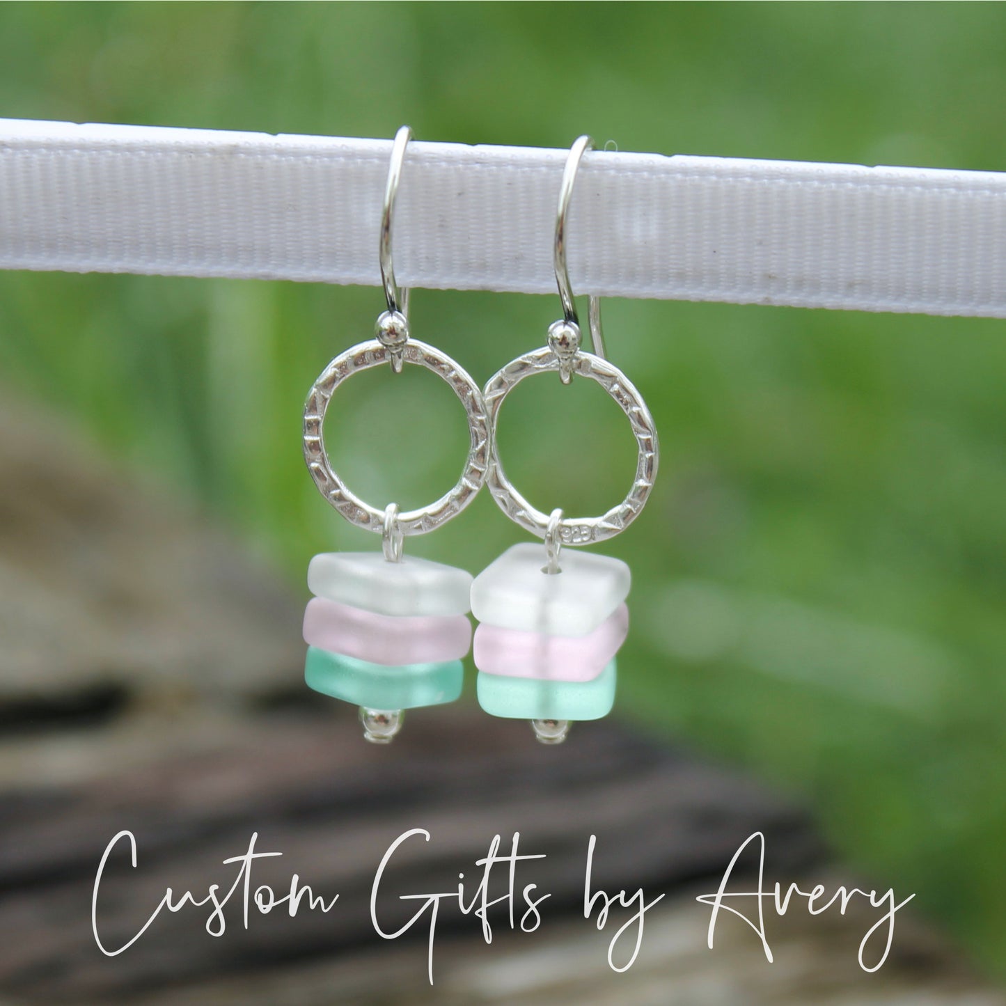 Hammered Sterling Silver & Square Sea Glass Earrings