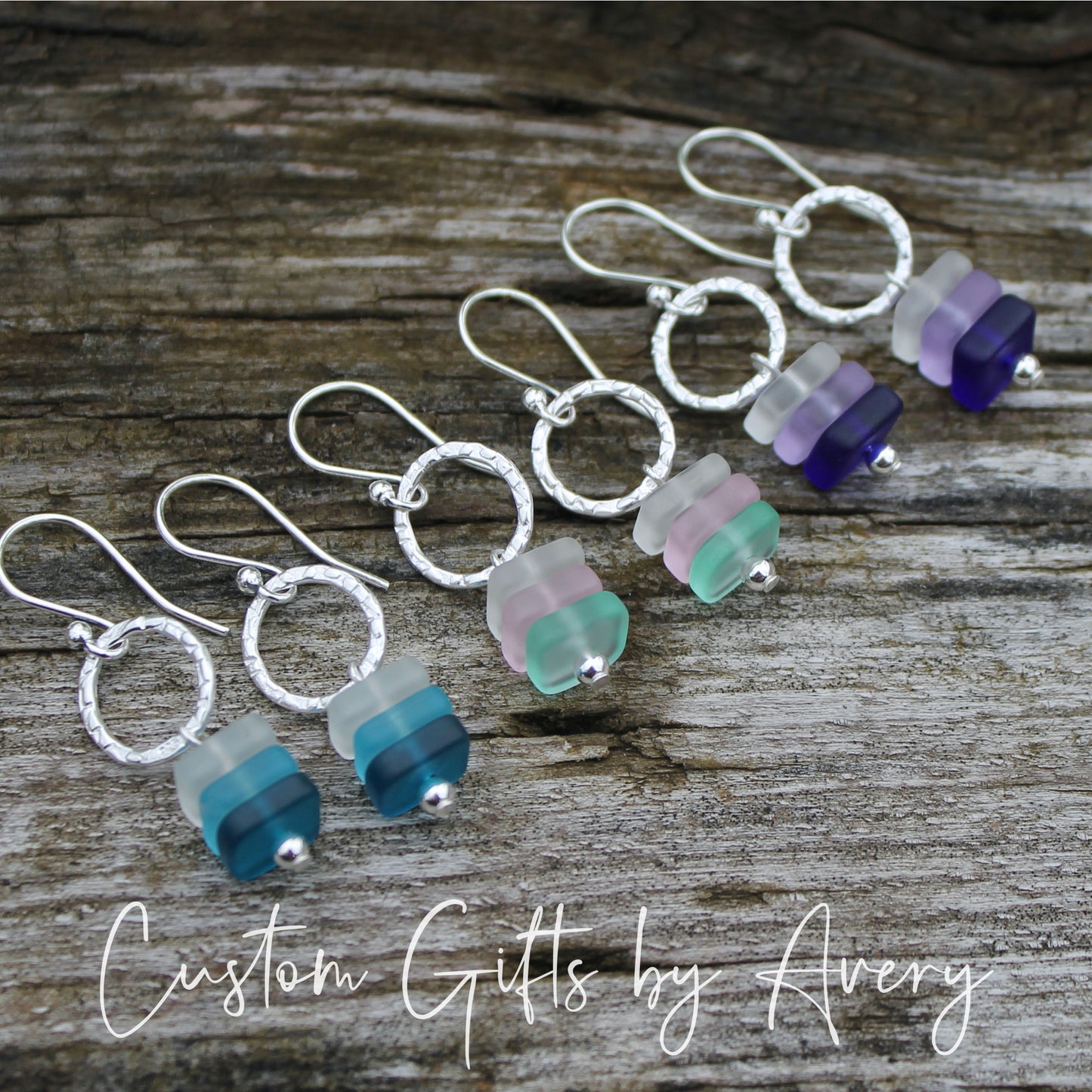 Hammered Sterling Silver & Square Sea Glass Earrings