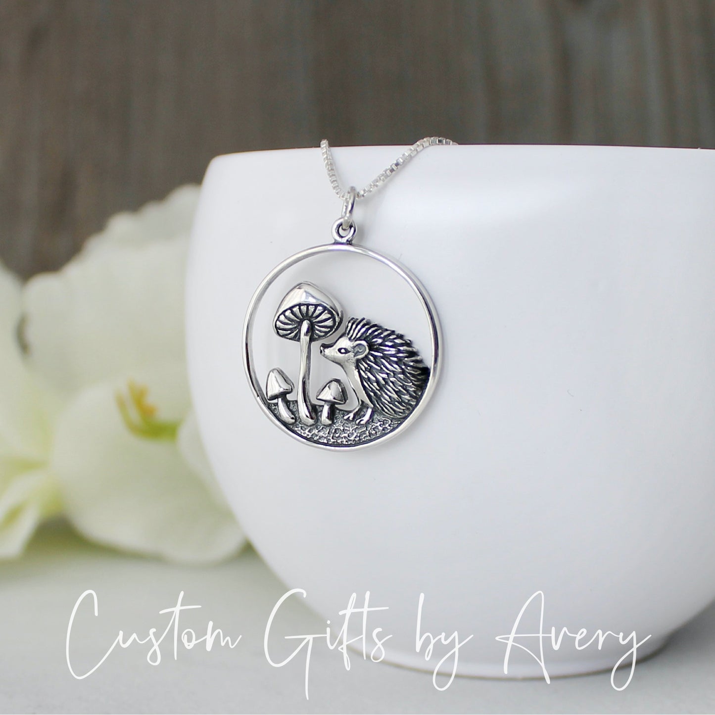 Sterling Silver Hedgehog and Toadstool Mushroom Necklace