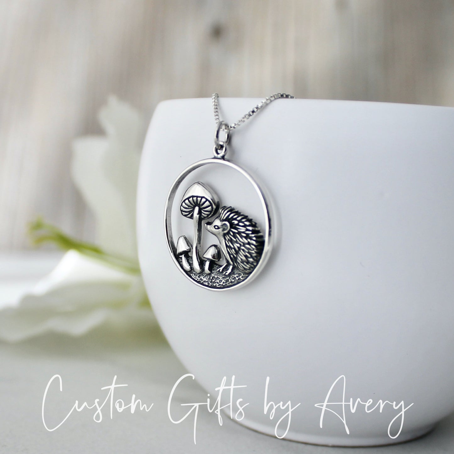 Sterling Silver Hedgehog and Toadstool Mushroom Necklace