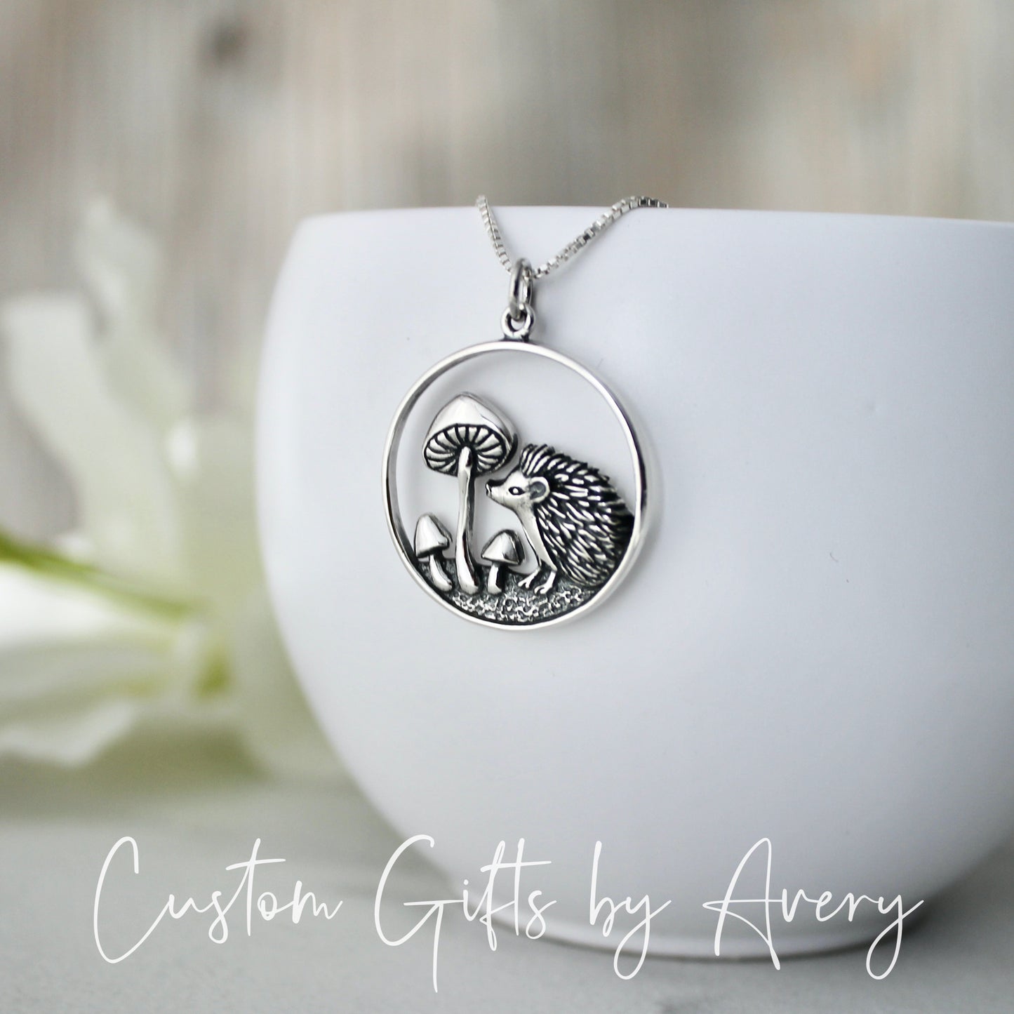 Sterling Silver Hedgehog and Toadstool Mushroom Necklace