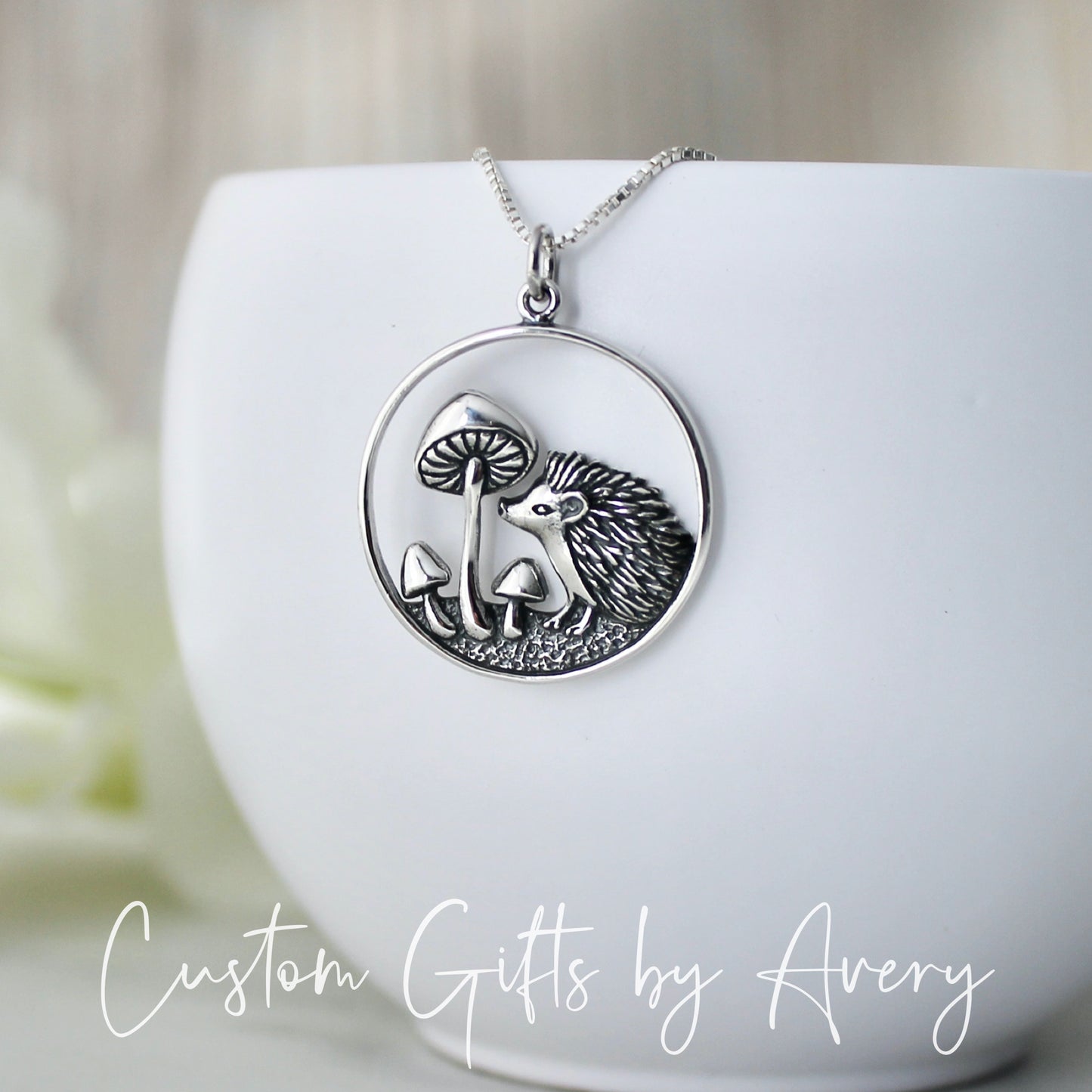 Sterling Silver Hedgehog and Toadstool Mushroom Necklace