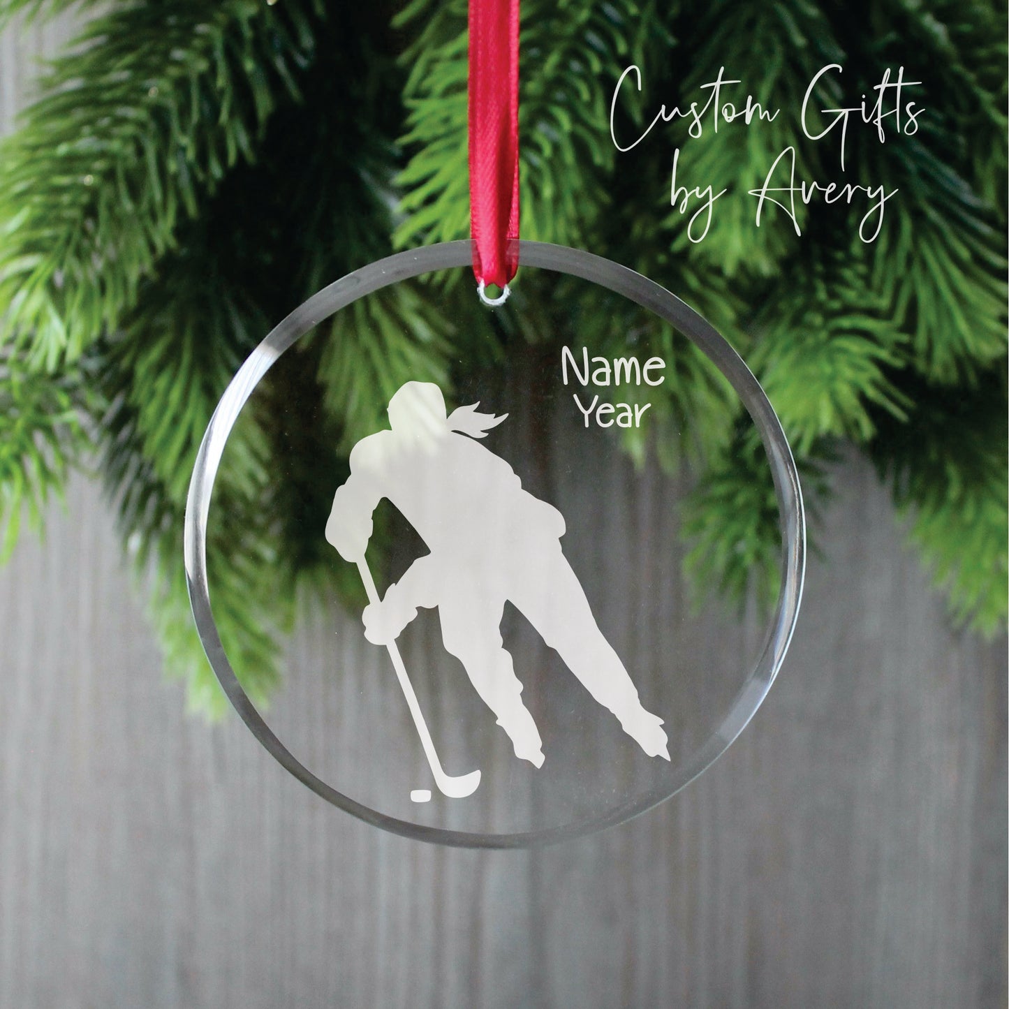 Personalized Glass Christmas Ornament ~ Female Hockey Player