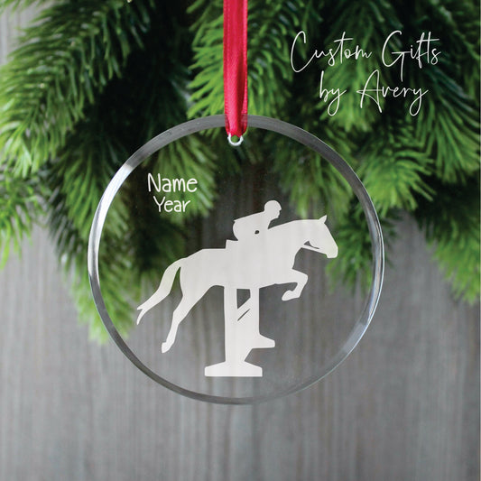 Personalized Glass Christmas Ornament ~ Horse Back Jumping