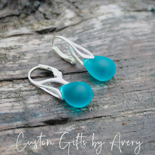 Light Teal Cultured Sea Glass & Sterling Silver Teardrop Earrings