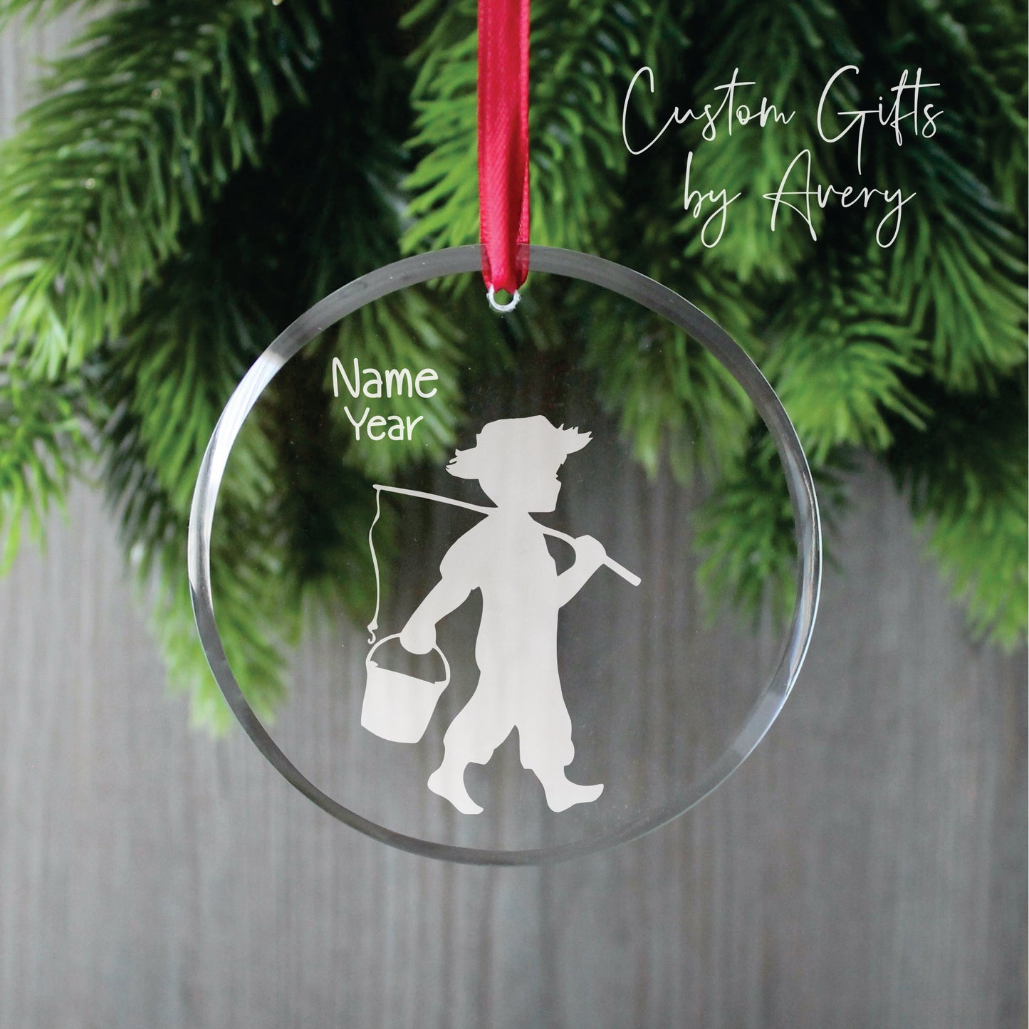 Personalized Glass Christmas Ornament ~ Little Boy Fishing