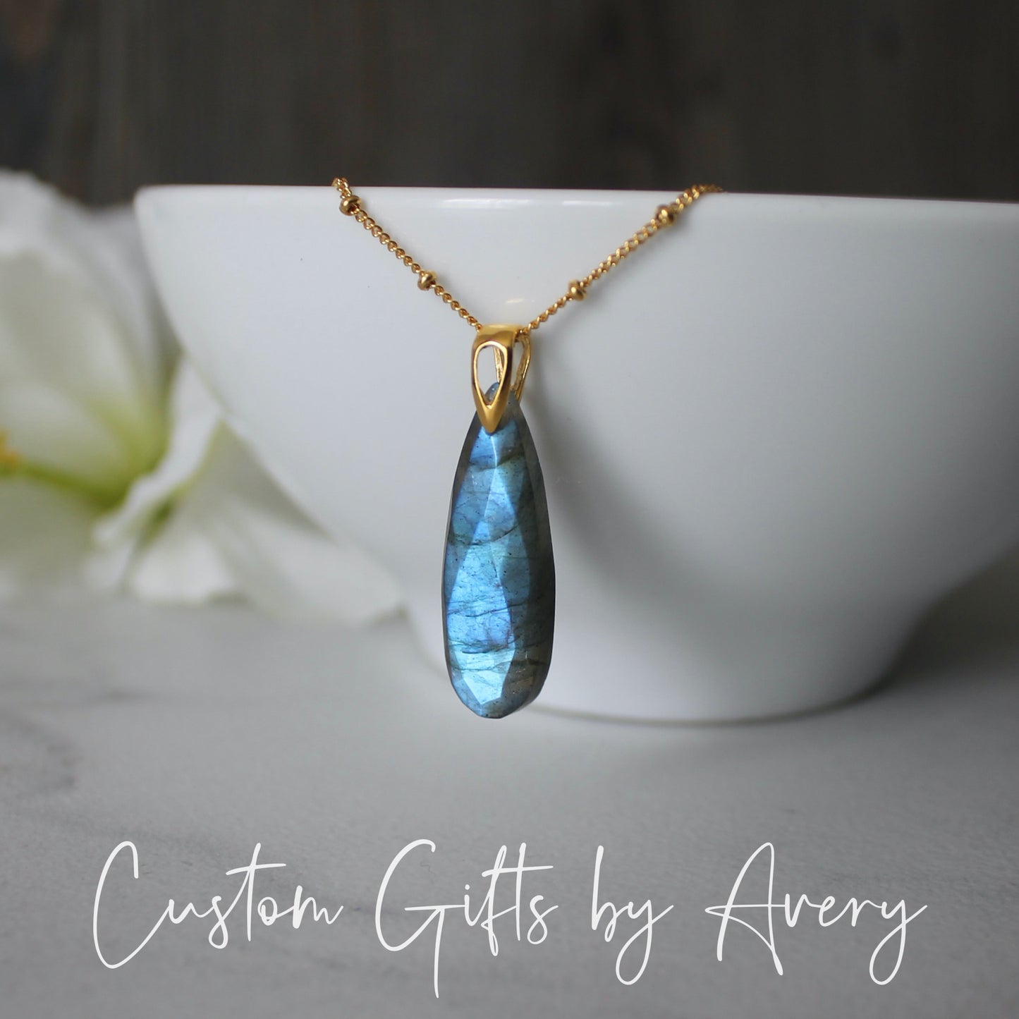 Elongated Labradorite Teardrop Necklace in Gold-Filled or Sterling Silver