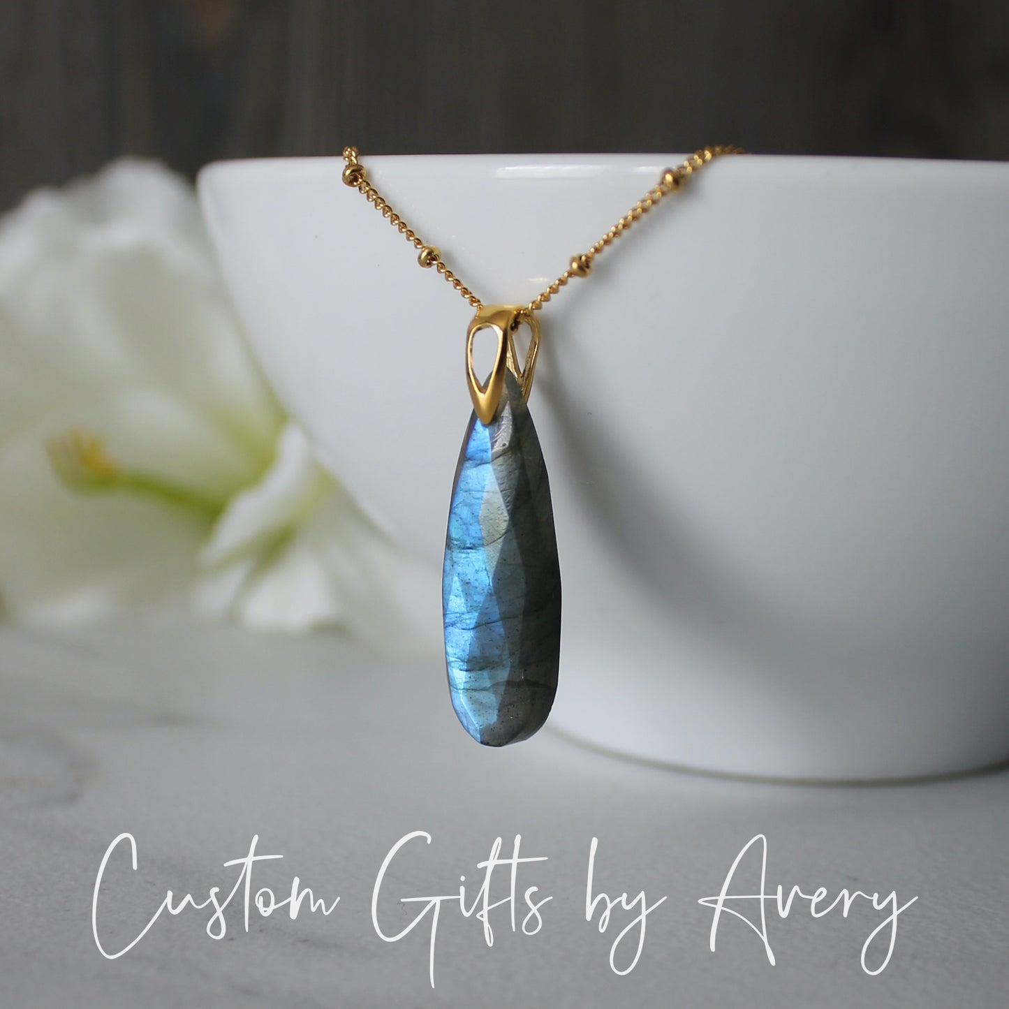 Elongated Labradorite Teardrop Necklace in Gold-Filled or Sterling Silver