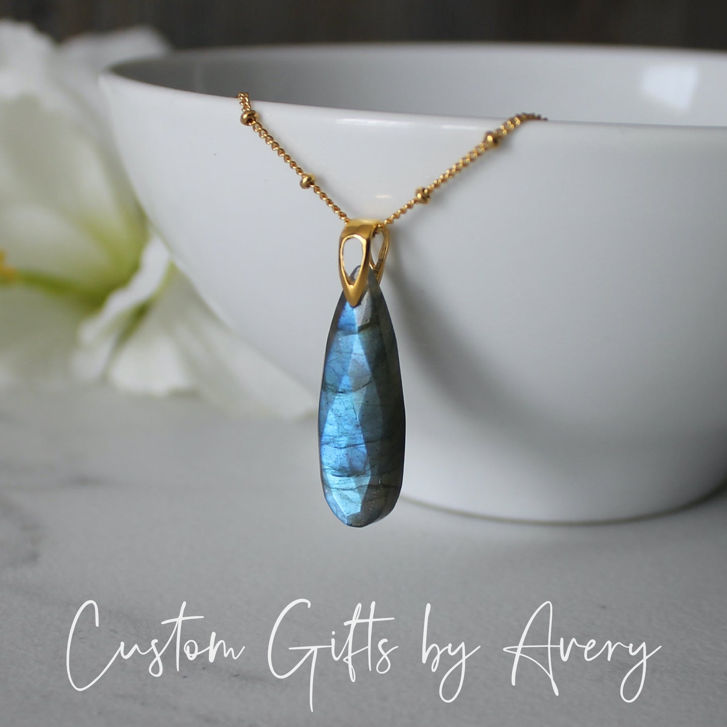 Elongated Labradorite Teardrop Necklace in Gold-Filled or Sterling Silver